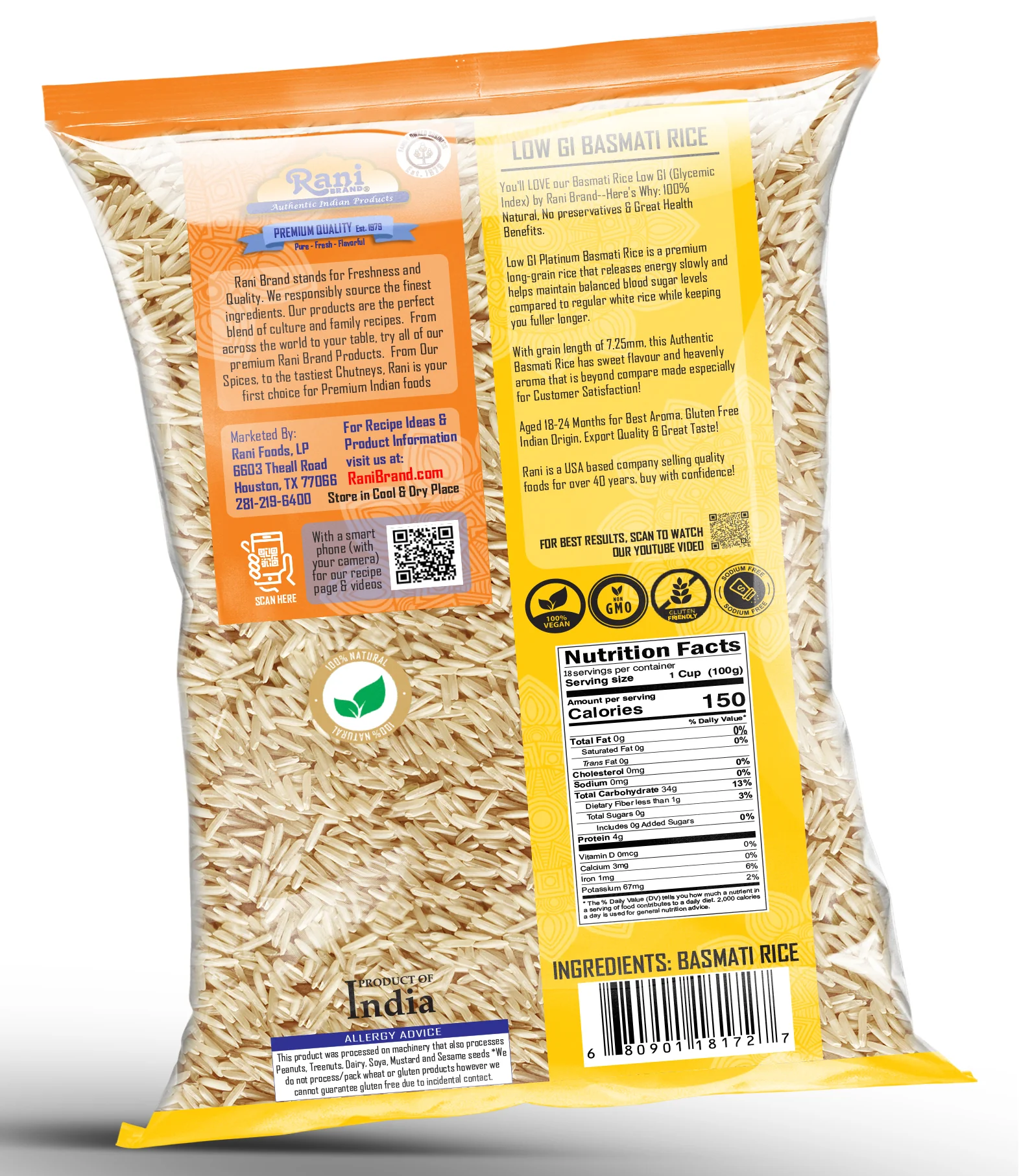 Rani White Basmati Rice Low GI (Glycemic Index) Extra Long Aged, Ideal for Diabetics, 4lbs (64oz) 1.81kg Cloth Bag ~ All Natural | Gluten Free | Vegan | Indian Origin | Export Quality - Image 3