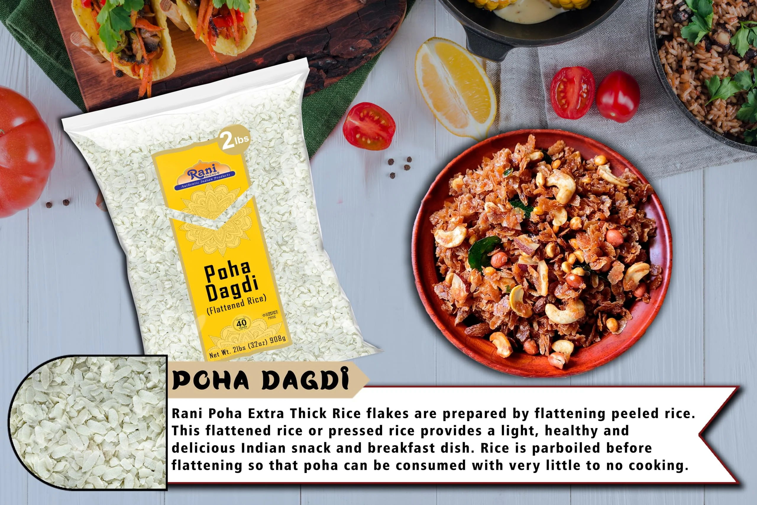 Rani Poha (Powa) Extra Thick Dagadi-Cut (Flattened Rice) 32oz (2lbs) 908g Bulk ~ All Natural, Salt-Free | Vegan | Kosher | No Colors | Gluten Friendly | Indian Origin - Image 6