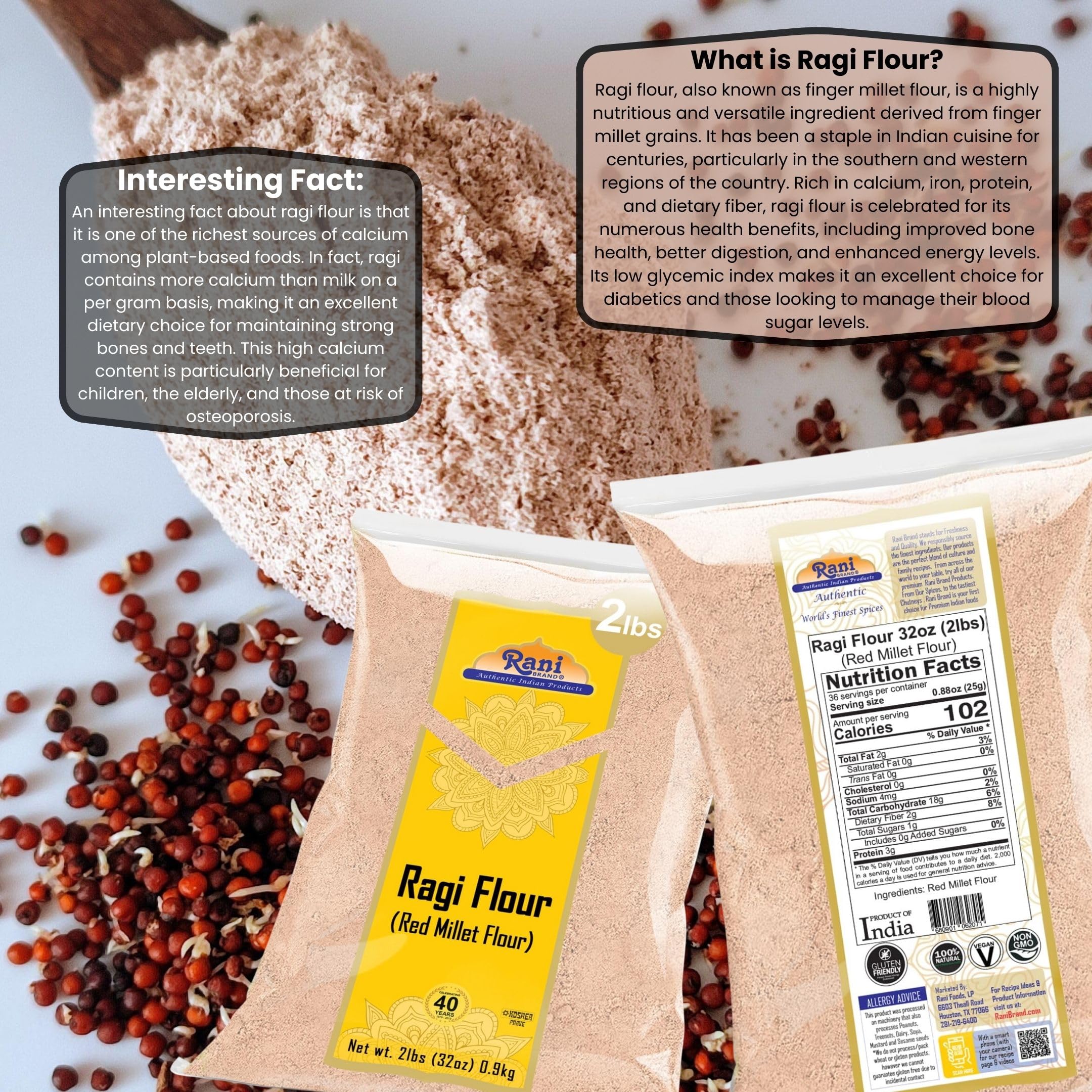 Rani Raggi Flour (Finger Millet) 2lbs (32oz) Bulk ~ All Natural | Vegan | Gluten Friendly | NON-GMO | Kosher | Indian Origin - Image 3