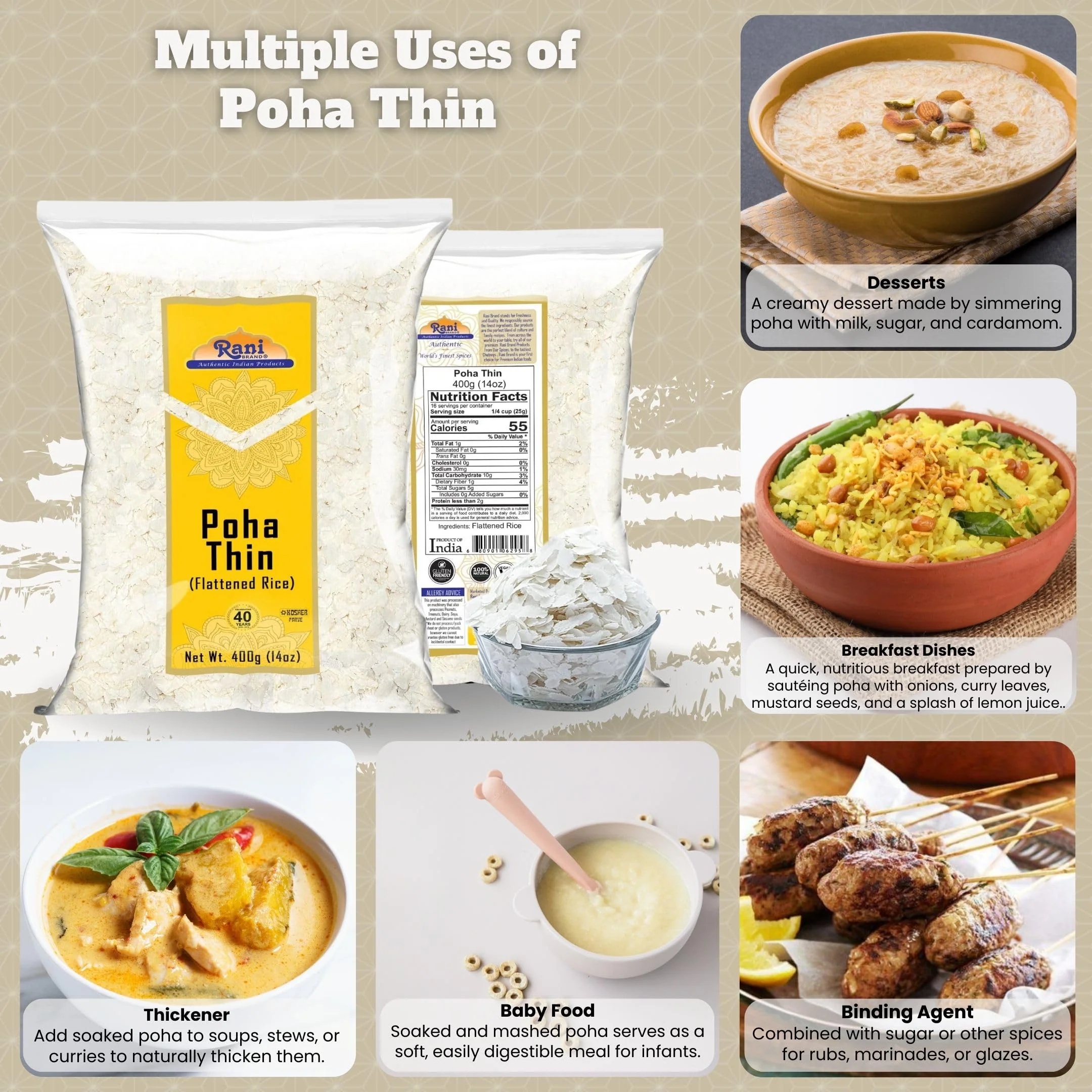 Rani Poha (Powa) Thin Cut (Flattened Rice) 14oz (400g) ~ All Natural, Salt-Free | Vegan | No Colors | Gluten Friendly | Indian Origin - Image 2