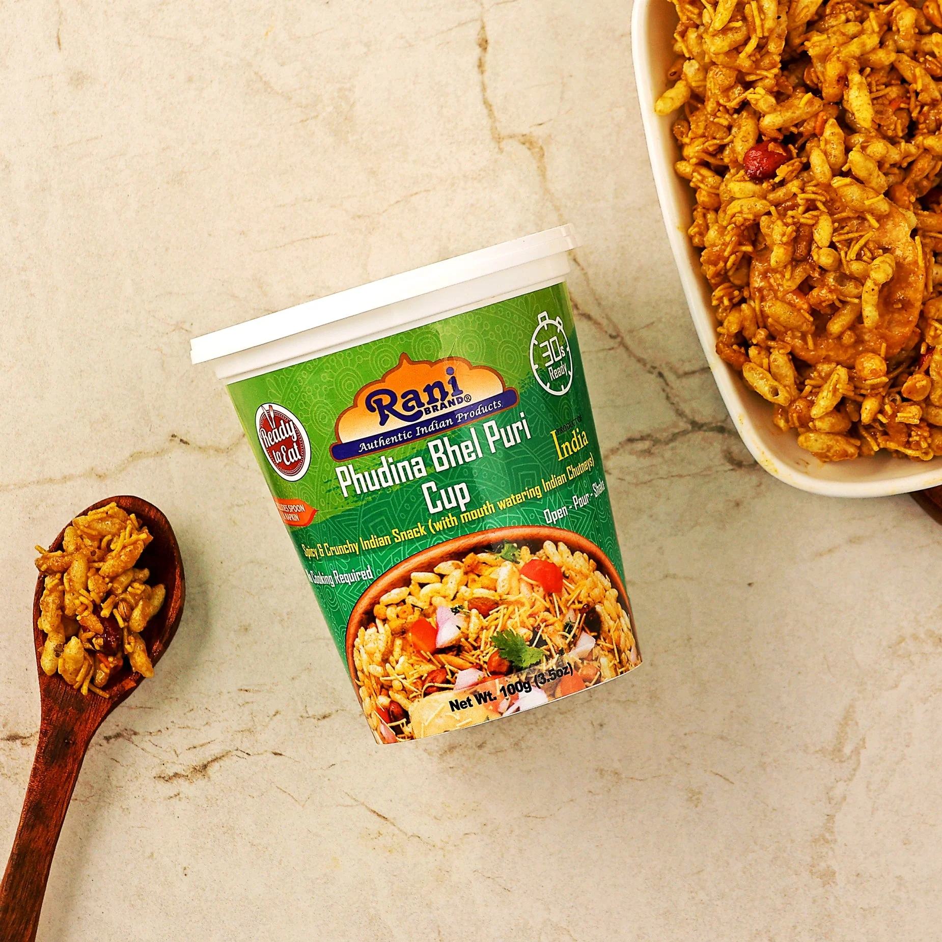 Rani Pudina Bhel Puri Cup (Spicy & Crunchy Indian Snack w/ mouth watering Indian Chutneys) 3.5oz (100g), Pack of 6+1 FREE ~ Ready to Eat | Vegan | NON-GMO | Indian Origin - Image 2