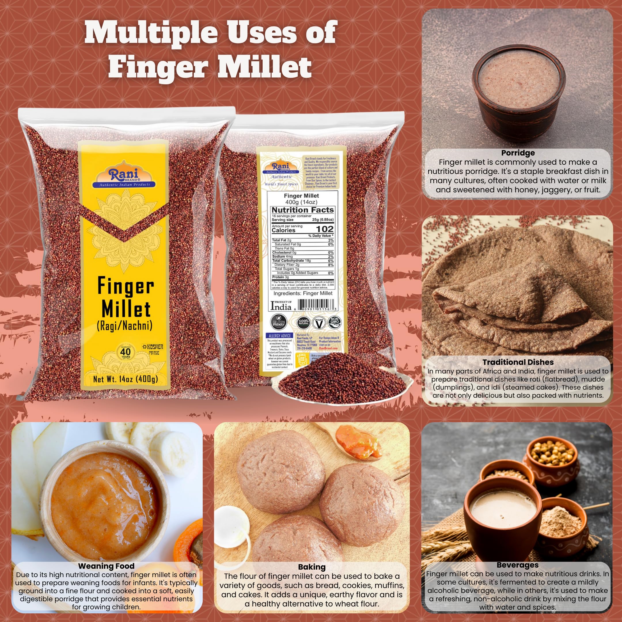 Rani Ragi Finger Millet (Eleusine Coracana) Whole Ancient Grain Seeds 14oz (400g) ~ All Natural | Gluten Friendly | NON-GMO | Kosher | Vegan | Indian Origin - Image 2