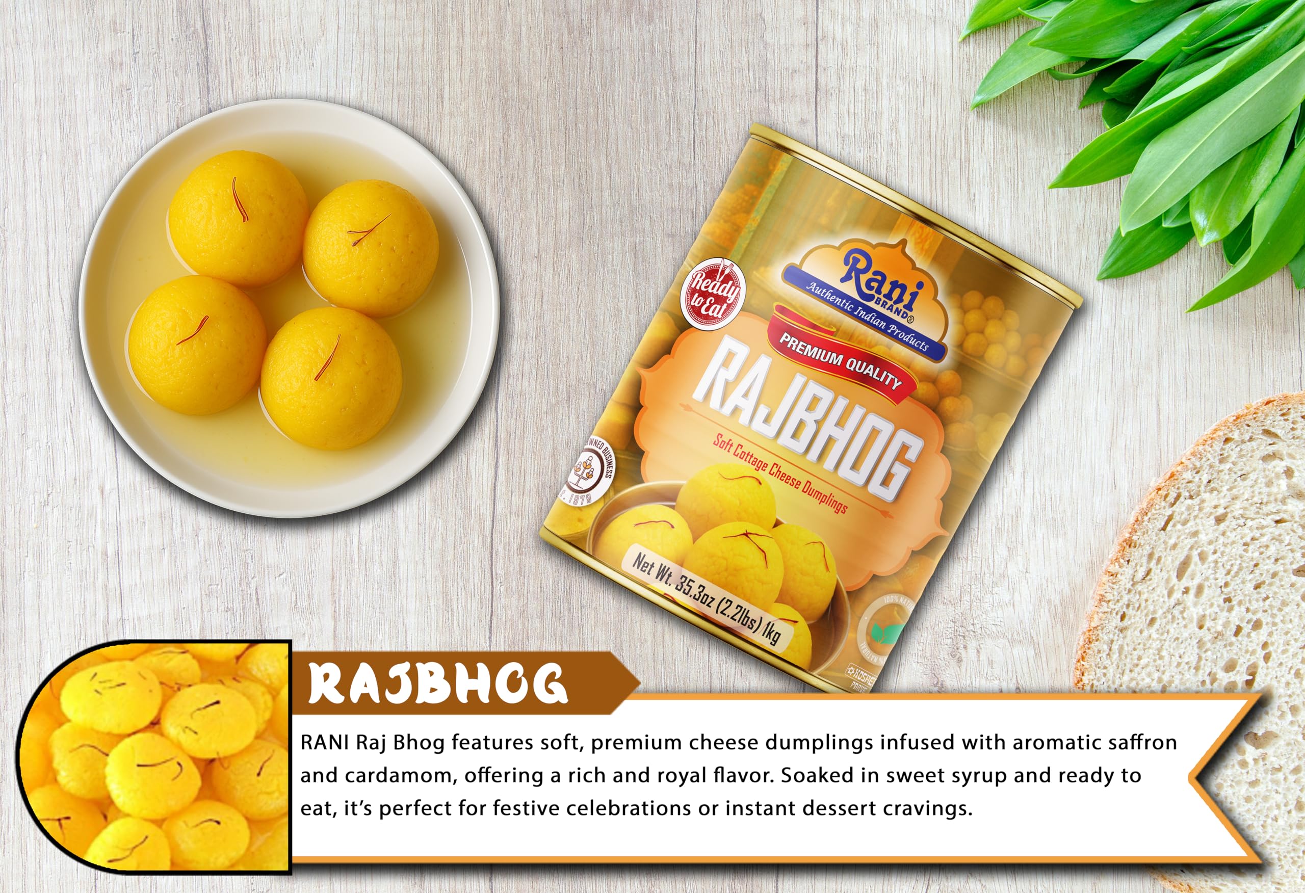 Rani Rajbhog (Soft Cottage Cheese Dumplings) 35.3oz (2.2lbs) 1kg, Pack of 2, Approximately 14 pieces, Easy Open Lid ~ Ready to eat | All Natural | Gluten Free | Non-GMO | Kosher | Indian Origin - Image 6