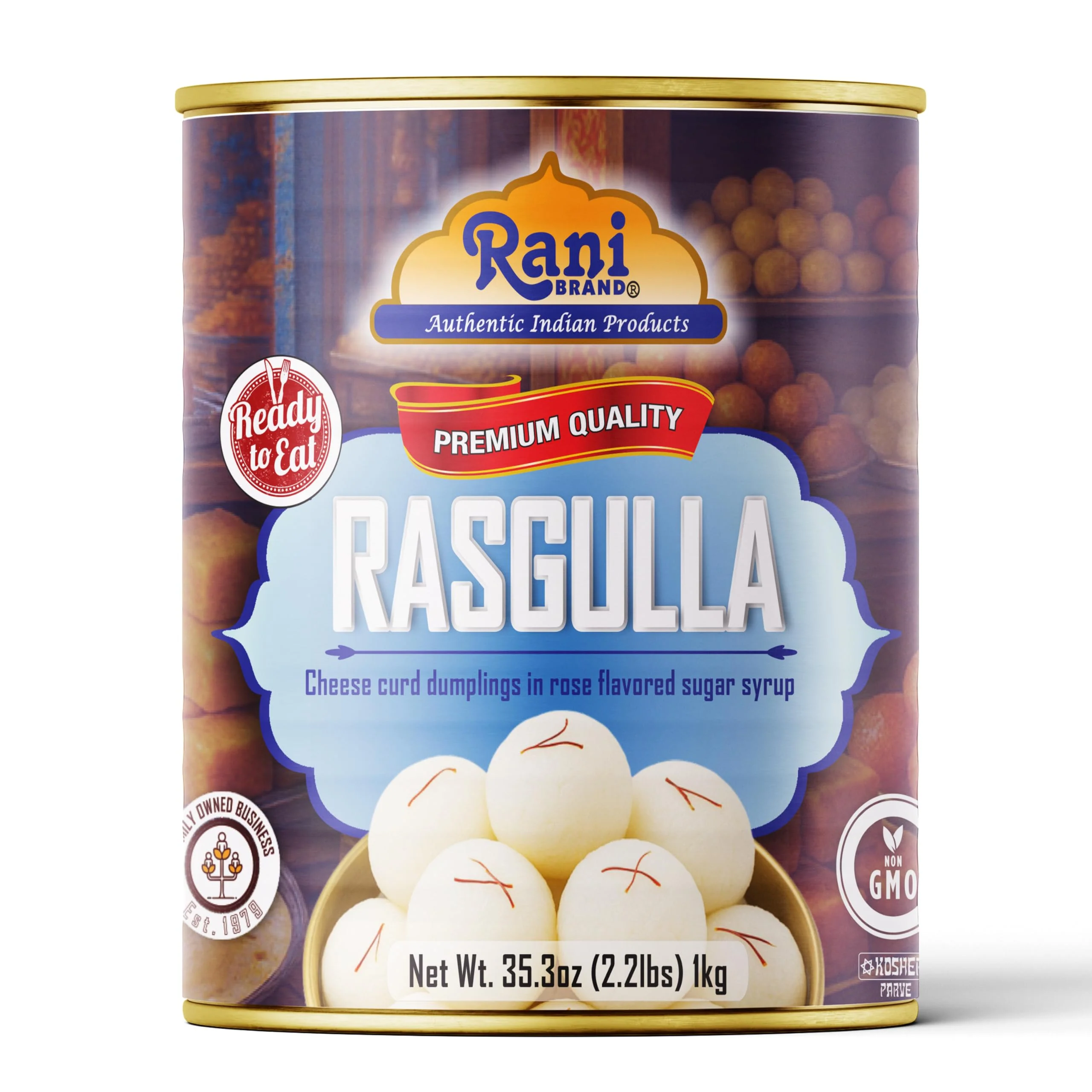 Rani Rasgulla (Cheese Curd Dumplings in Rose Flavor) 35.3oz (2.2lbs) 1kg Pack of 18, Approximately 14 pieces, Easy Open Lid ~ Ready to eat | Gluten Free | Non-GMO | Kosher | Indian Origin - Image 10