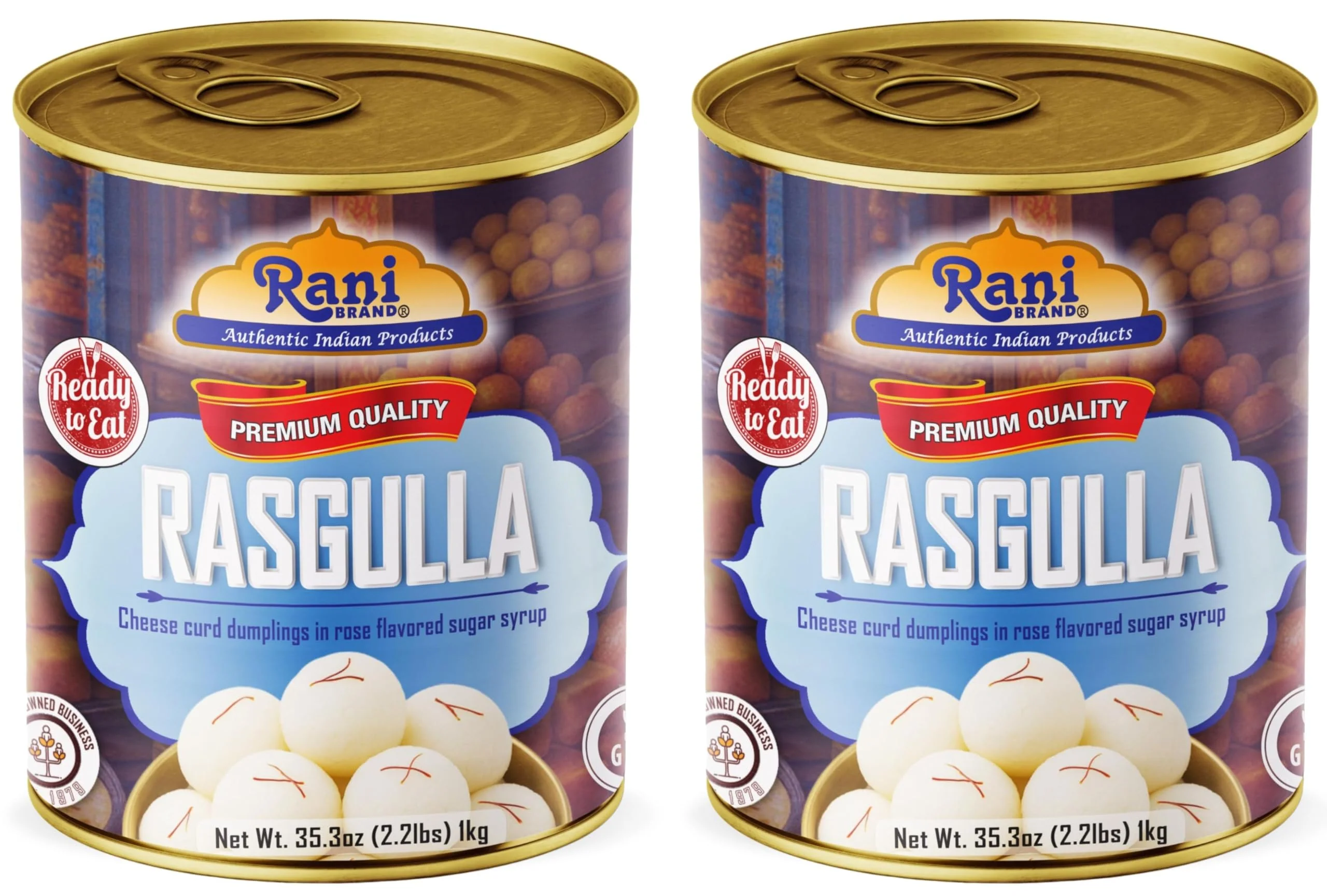 Rani Rasgulla (Cheese Curd Dumplings in Rose Flavor) 35.3oz (2.2lbs) 1kg, Pack of 2, Approximately 14 pieces, Easy Open Lid ~ Ready to eat | Gluten Friendly | Vegan | Non-GMO | Kosher | Indian Origin