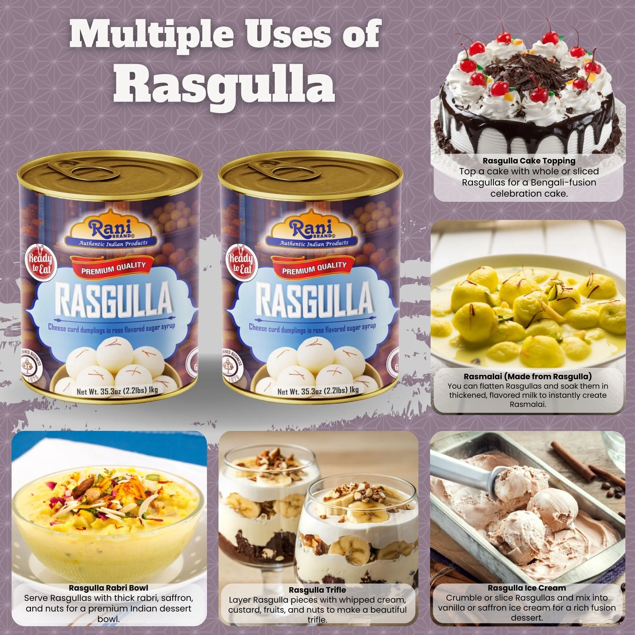 Rani Rasgulla (Cheese Curd Dumplings in Rose Flavor) 35.3oz (2.2lbs) 1kg, Pack of 2, Approximately 14 pieces, Easy Open Lid ~ Ready to eat | Gluten Friendly | Vegan | Non-GMO | Kosher | Indian Origin - Image 2