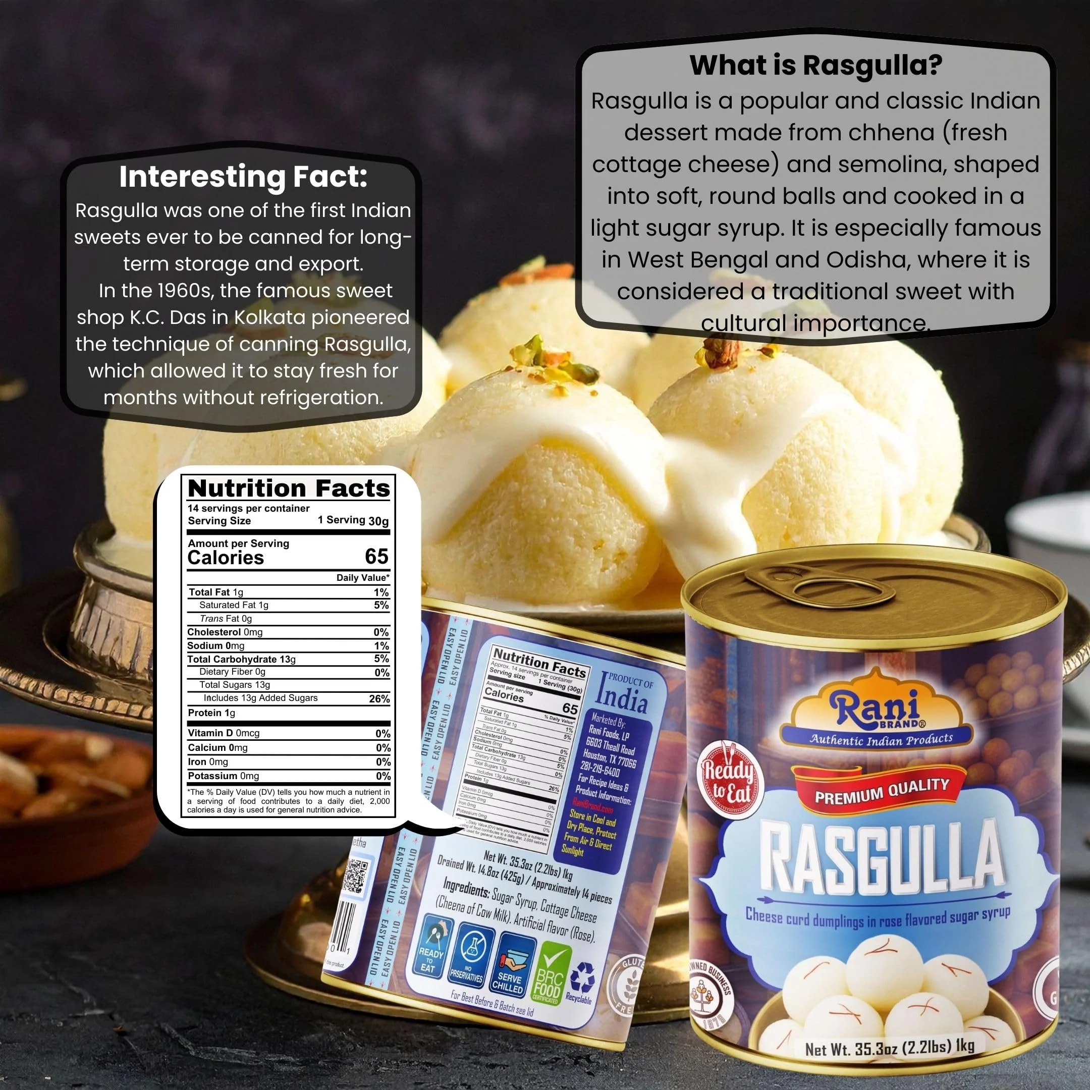 Rani Rasgulla (Cheese Curd Dumplings in Rose Flavor) 35.3oz (2.2lbs) 1kg, Pack of 2, Approximately 14 pieces, Easy Open Lid ~ Ready to eat | Gluten Friendly | Vegan | Non-GMO | Kosher | Indian Origin - Image 3