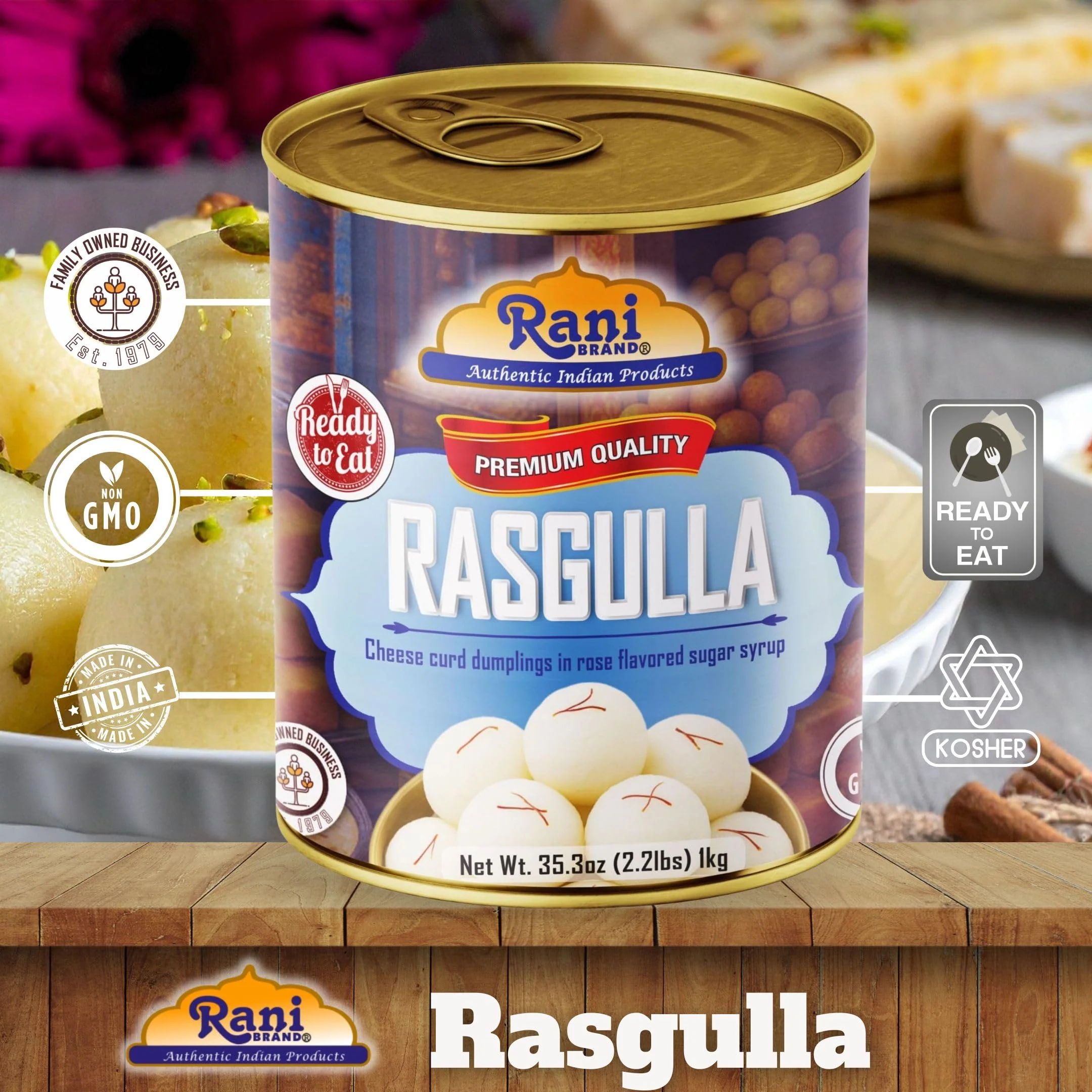 Rani Rasgulla (Cheese Curd Dumplings in Rose Flavor) 35.3oz (2.2lbs) 1kg, Pack of 6, Approximately 14 pieces, Easy Open Lid ~ Ready to eat | Gluten Friendly | Vegan | Non-GMO | Kosher | Indian Origin - Image 4