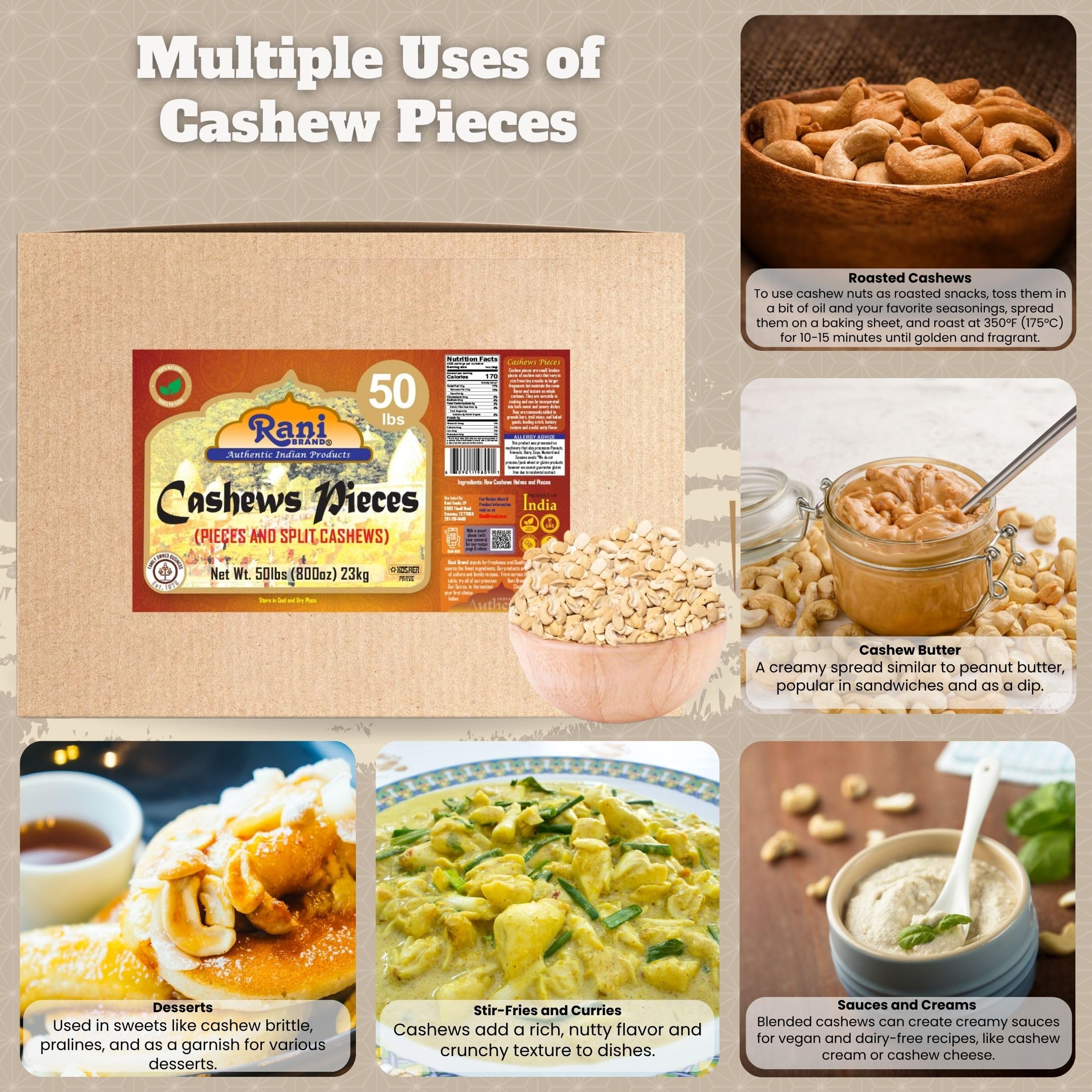 Rani Raw Cashews Halves and Pieces (uncooked, unsalted) 800oz (50lbs) 23kg Vacuum Packed, Bulk Box ~ All Natural, No Preservatives | Vegan | NON-GMO | Kosher | Gluten Friendly - Image 2