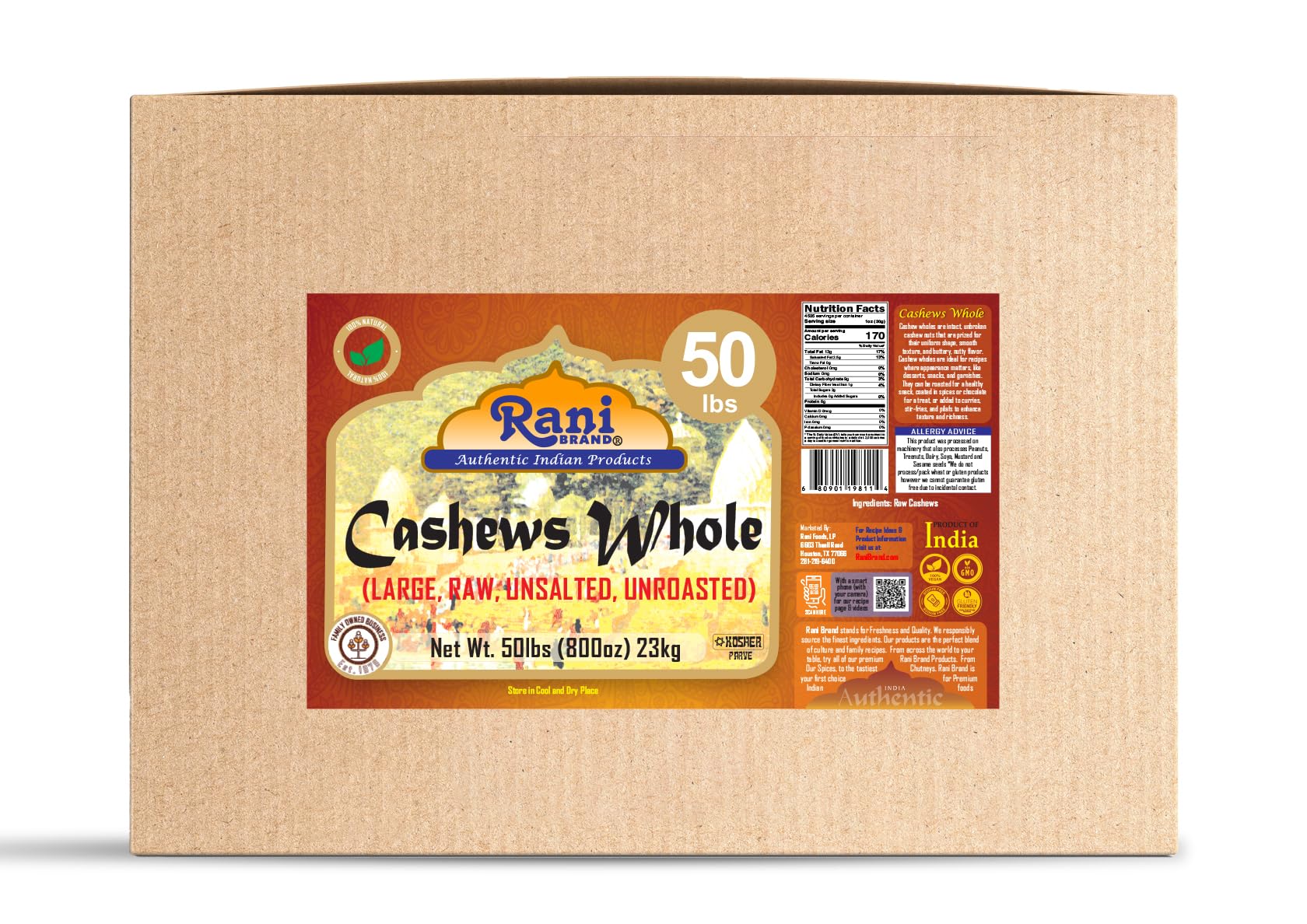 Rani Raw Cashews Whole (uncooked, unsalted) 800oz (50lbs) 23kg Vacuum Packed, Bulk Box ~ All Natural, No Preservatives | Vegan | NON-GMO | Kosher | Gluten Friendly - Image 10