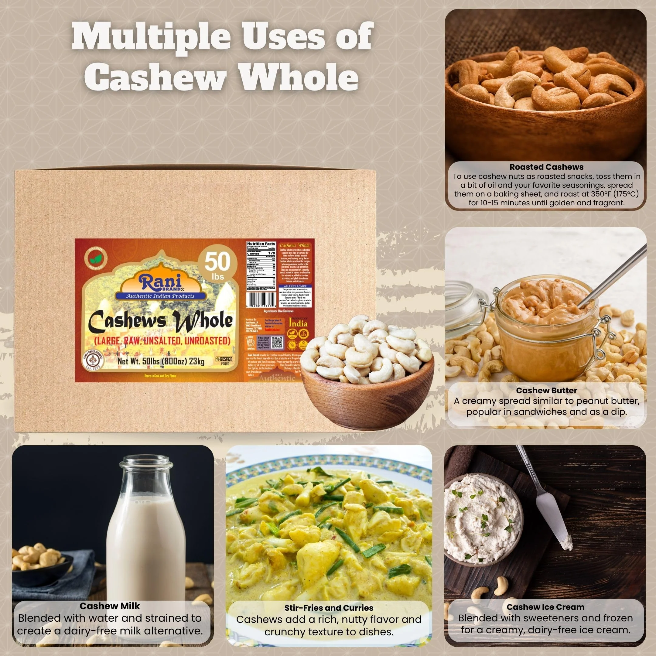 Rani Raw Cashews Whole (uncooked, unsalted) 800oz (50lbs) 23kg Vacuum Packed, Bulk Box ~ All Natural, No Preservatives | Vegan | NON-GMO | Kosher | Gluten Friendly - Image 2