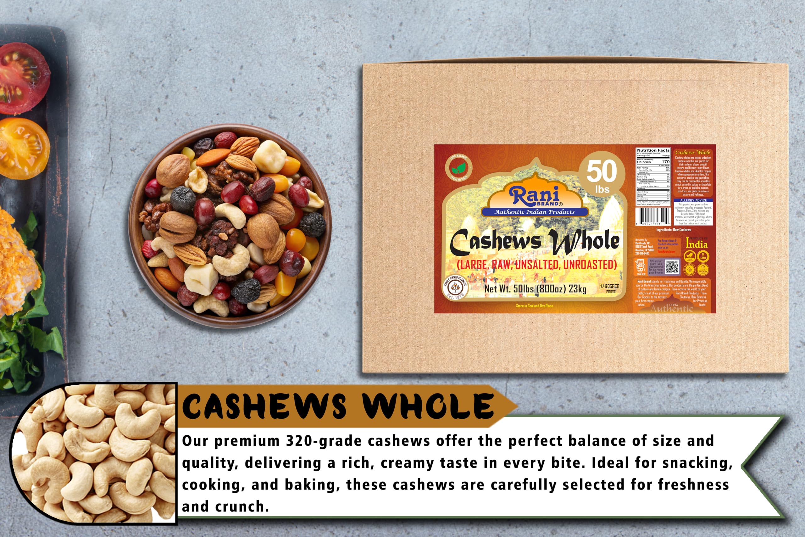 Rani Raw Cashews Whole (uncooked, unsalted) 800oz (50lbs) 23kg Vacuum Packed, Bulk Box ~ All Natural, No Preservatives | Vegan | NON-GMO | Kosher | Gluten Friendly - Image 6