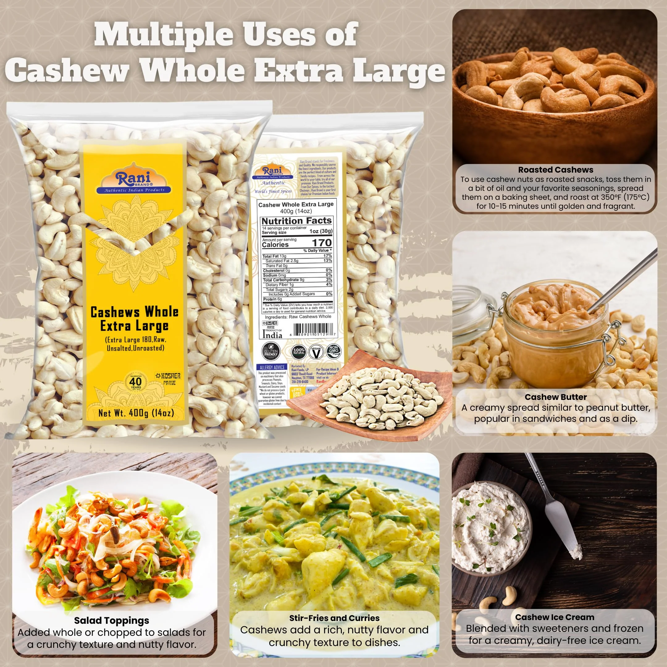 Rani Raw Cashews Whole W180 Extra Large (uncooked, unsalted) 14oz (400g) ~ All Natural, No Preservatives | Vegan | NON-GMO | Kosher | Gluten Friendly - Image 2
