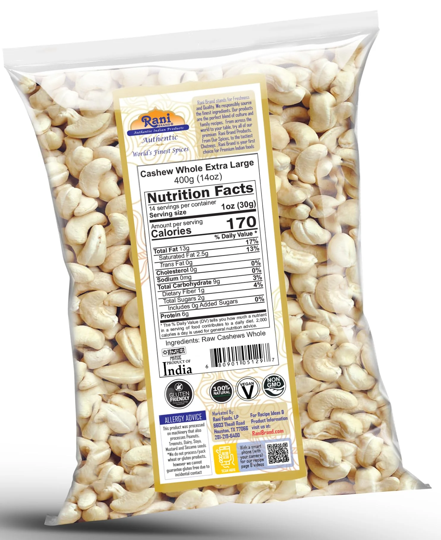 Rani Raw Cashews Whole W180 Extra Large (uncooked, unsalted) 14oz (400g) ~ All Natural, No Preservatives | Vegan | NON-GMO | Kosher | Gluten Friendly - Image 7
