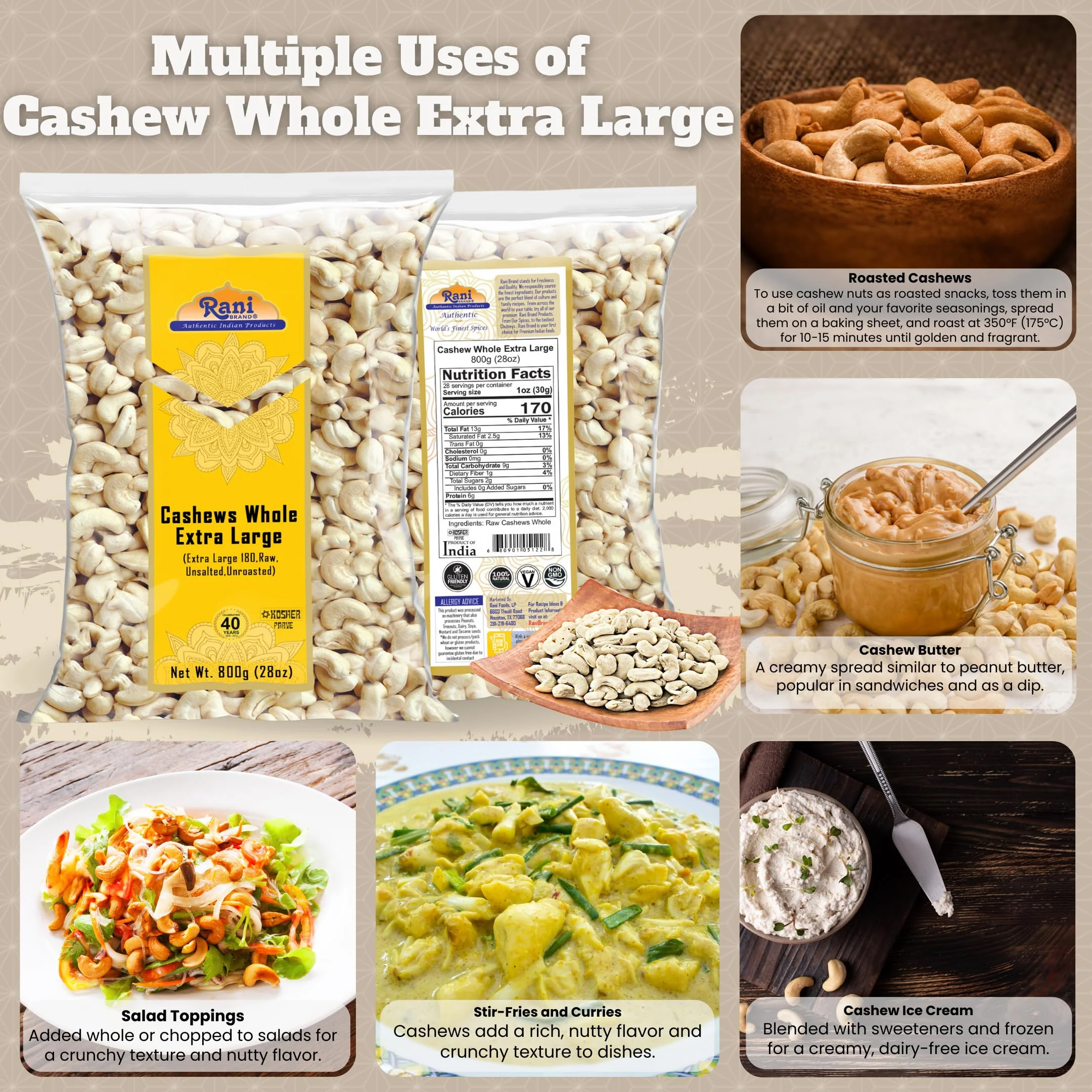 Rani Raw Cashews Whole W180 Extra Large (uncooked, unsalted) 28oz (800g) ~ All Natural, No Preservatives | Vegan | NON-GMO | Kosher | Gluten Friendly - Image 2