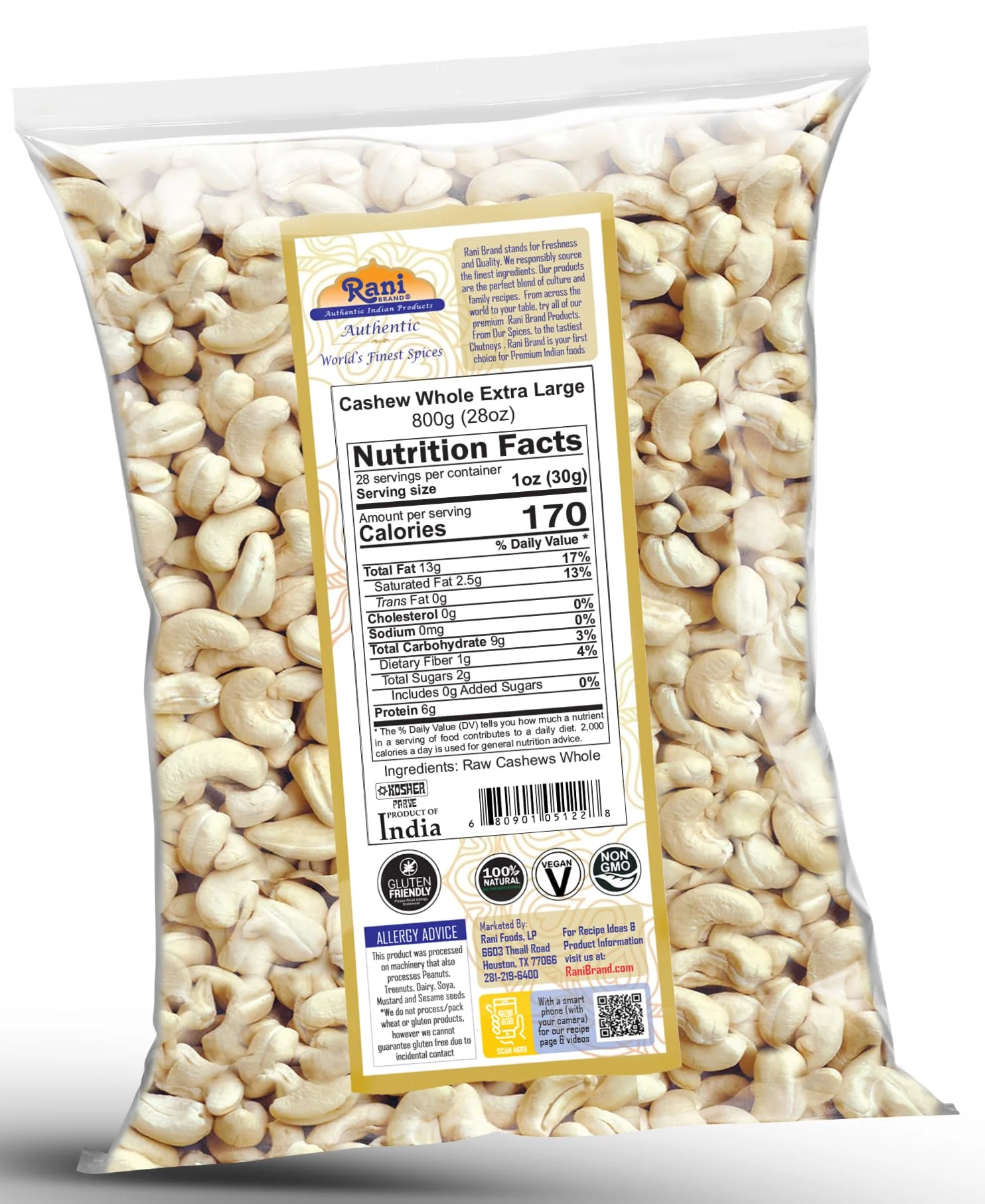Rani Raw Cashews Whole W180 Extra Large (uncooked, unsalted) 28oz (800g) ~ All Natural, No Preservatives | Vegan | NON-GMO | Kosher | Gluten Friendly - Image 7