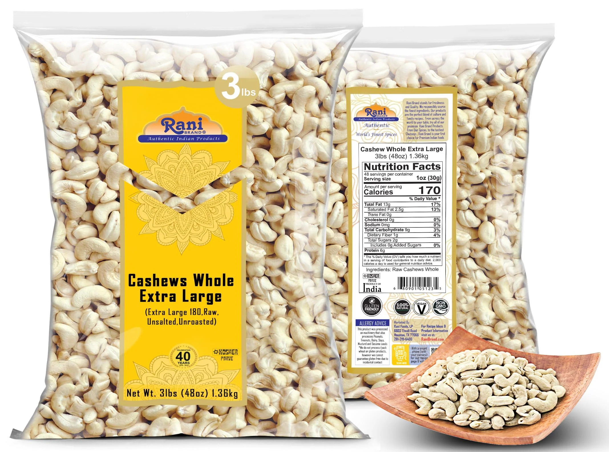 Rani Raw Cashews Whole W180 Extra Large (uncooked, unsalted) 48oz (3lbs) 1.36kg Bulk ~ All Natural, No Preservatives | Vegan | Kosher | NON-GMO | Gluten Friendly - Image 6
