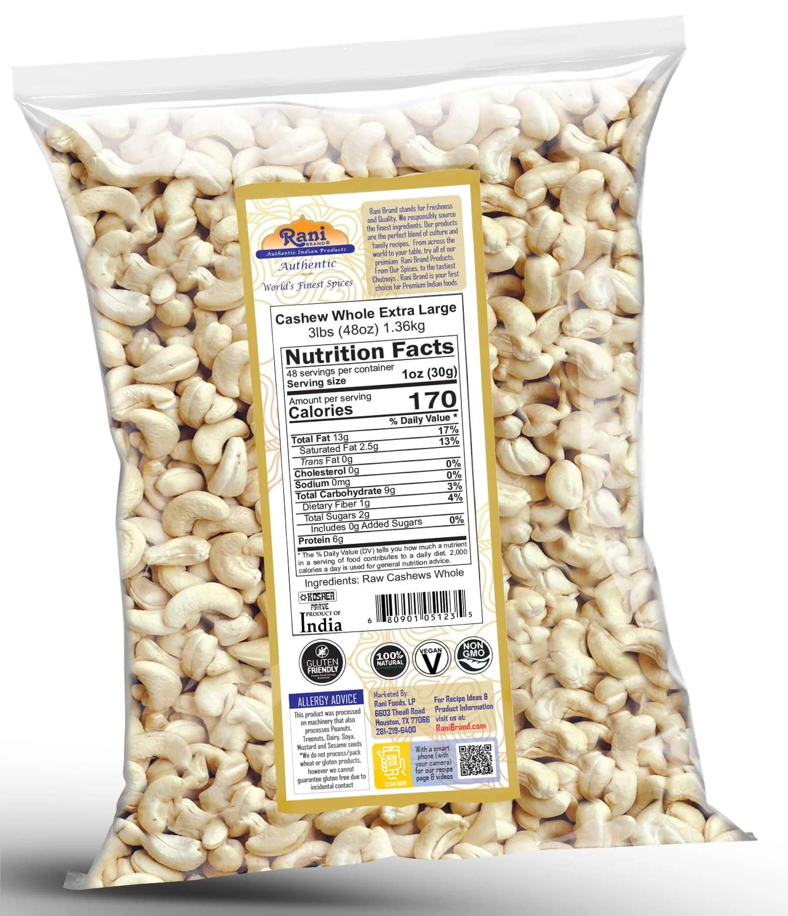 Rani Raw Cashews Whole W180 Extra Large (uncooked, unsalted) 48oz (3lbs) 1.36kg Bulk ~ All Natural, No Preservatives | Vegan | Kosher | NON-GMO | Gluten Friendly - Image 7