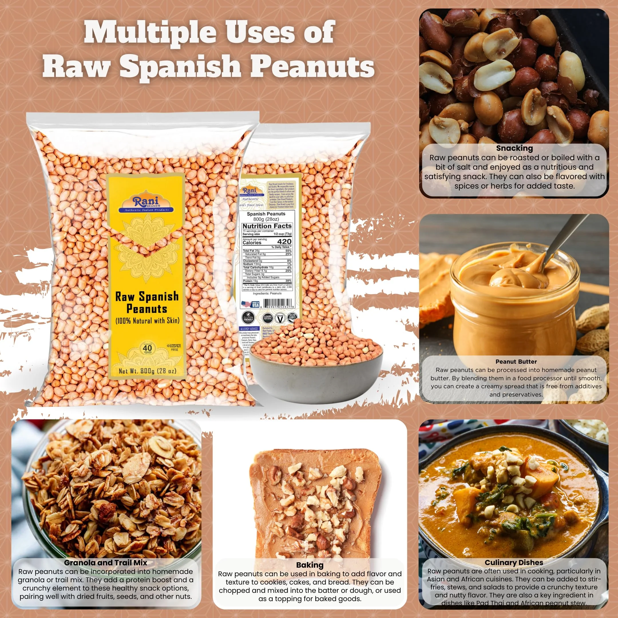 Rani Raw Spanish Peanuts 100% Natural with Skin (uncooked, unsalted) 28oz (1.75lbs) 800g ~ Vegan | Gluten Friendly | Fresh Product of USA | Kosher | Red-brown Skin - Image 2