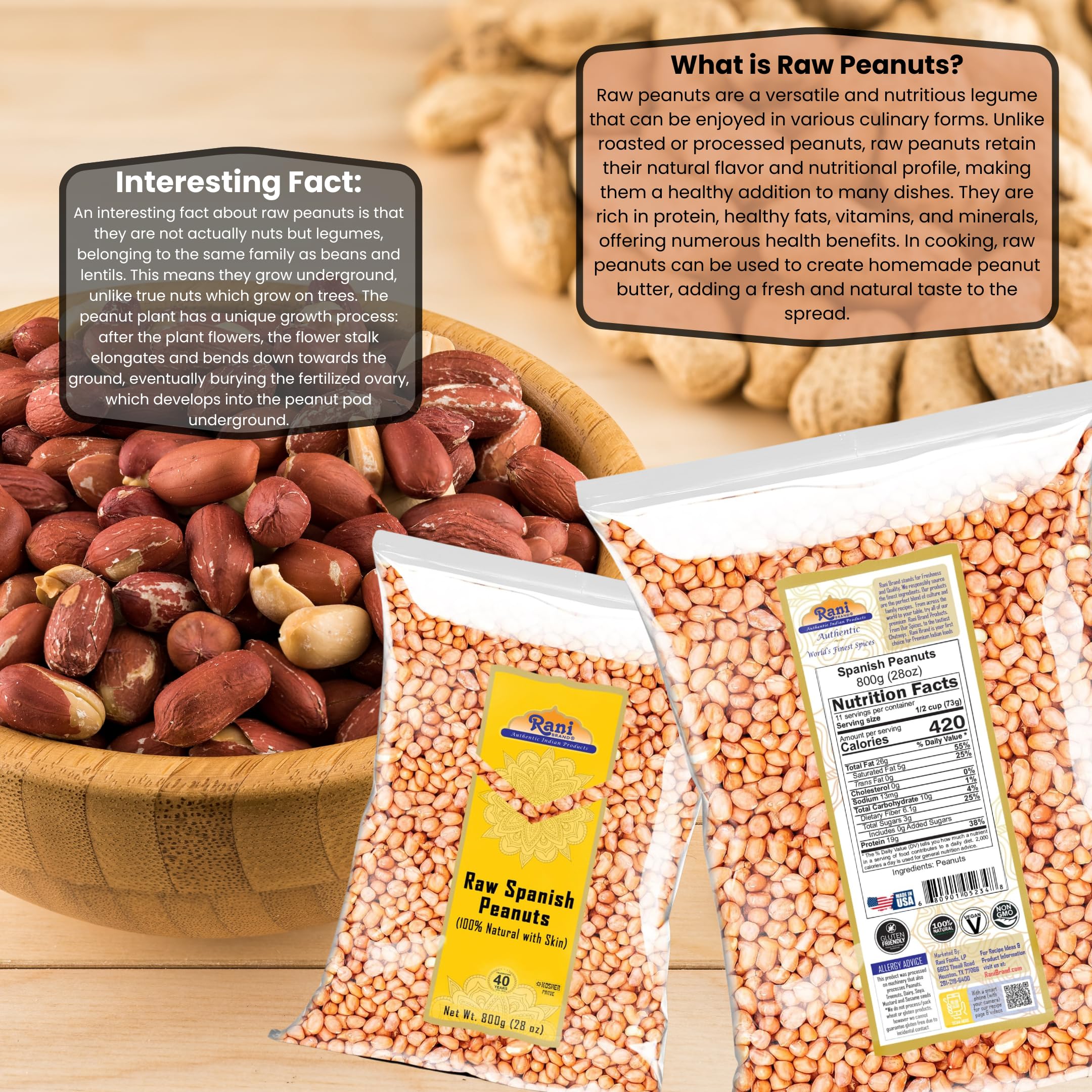 Rani Raw Spanish Peanuts 100% Natural with Skin (uncooked, unsalted) 28oz (1.75lbs) 800g ~ Vegan | Gluten Friendly | Fresh Product of USA | Kosher | Red-brown Skin - Image 3