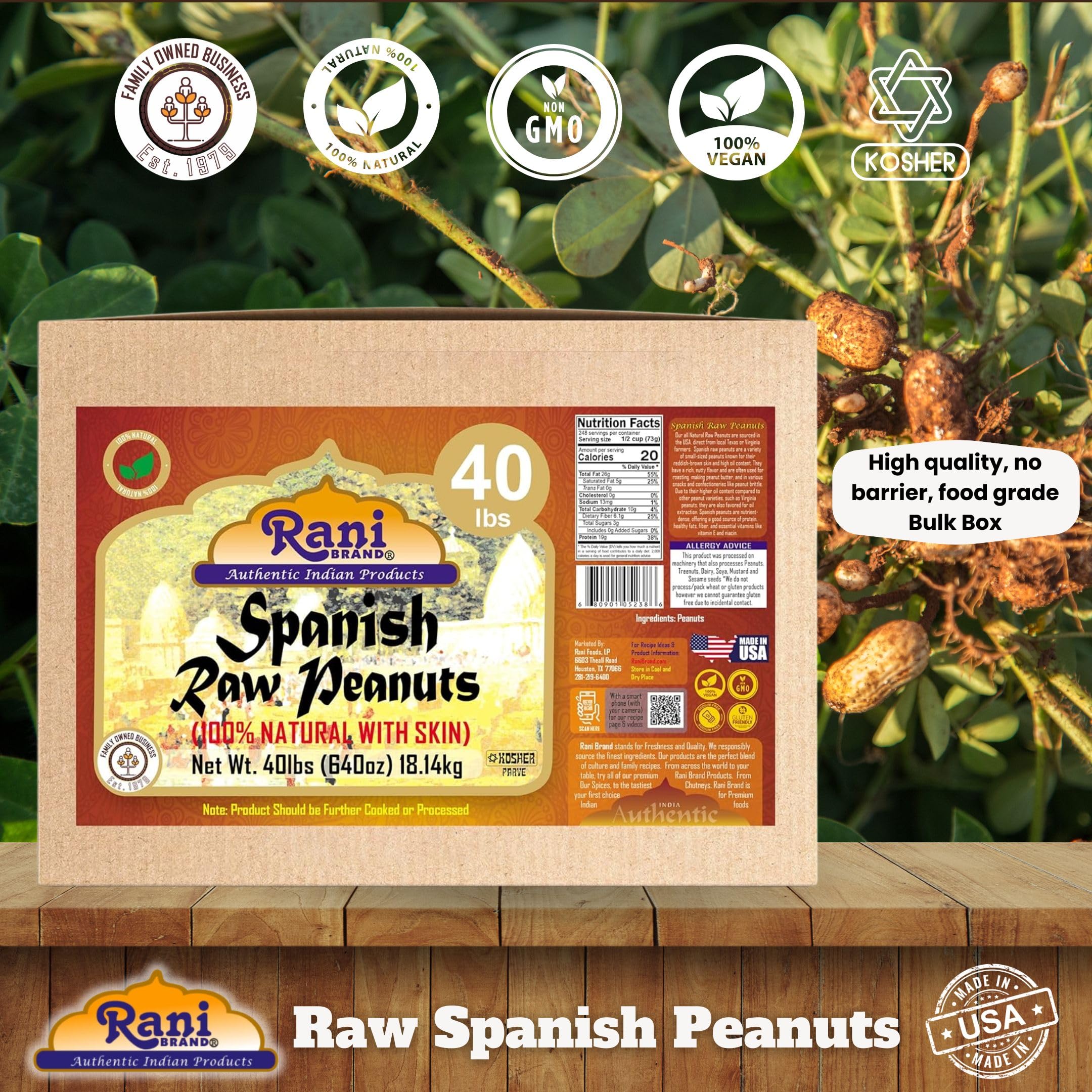 Rani Raw Spanish Peanuts 100% Natural with Skin (uncooked, unsalted) 40lbs (640oz) 18.14kg Bulk Box ~ Vegan | Gluten Friendly | Fresh Product of USA | Kosher | Red-brown Skin - Image 4