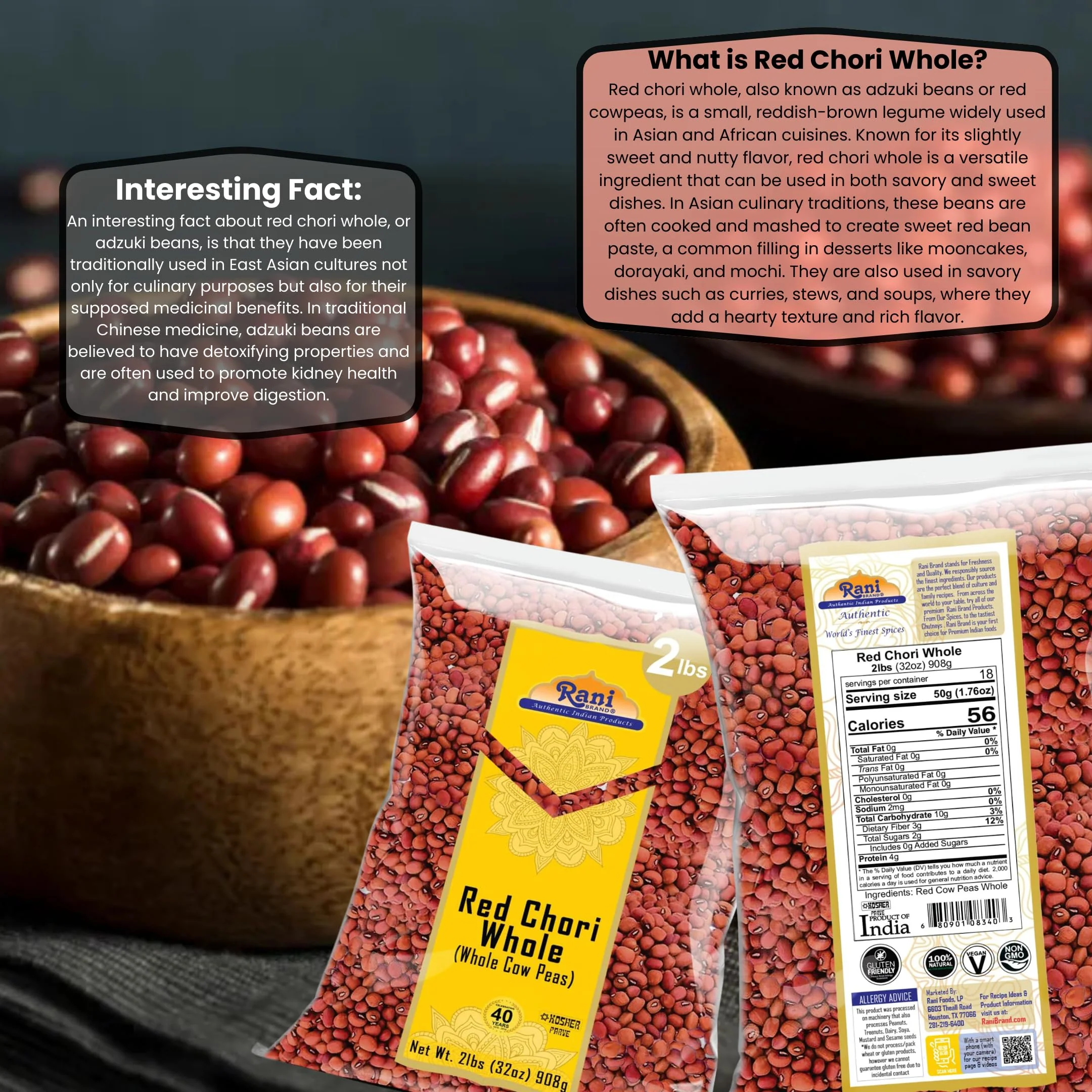 Rani Red Chori Whole (Adzuki Beans) 32oz (2lbs) 908g ~ All Natural | Vegan | Gluten Friendly | NON-GMO | Kosher | India Origin - Image 3