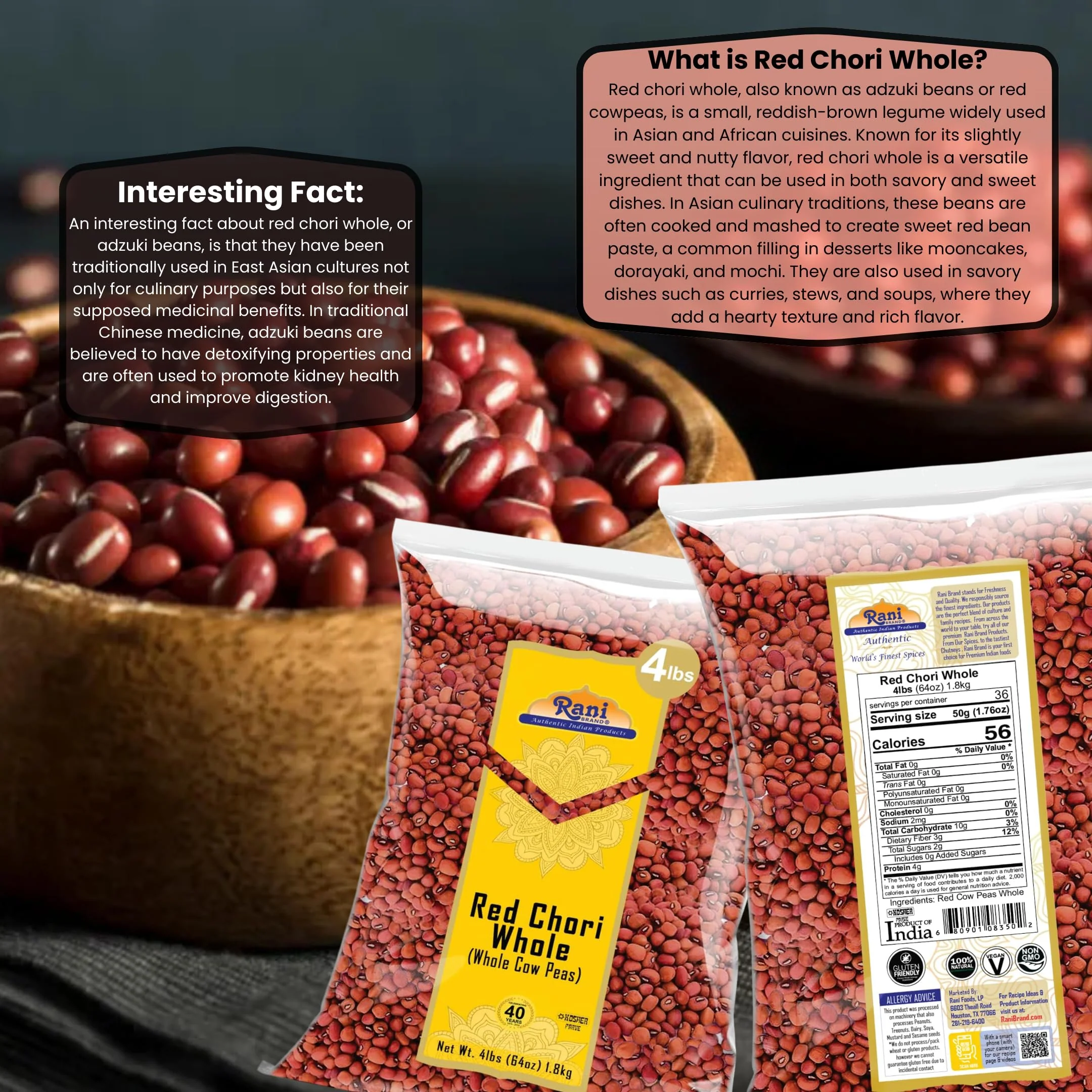 Rani Red Chori Whole (Adzuki Beans) 64oz (4lbs) 1.81kg Bulk ~ All Natural | Vegan | Gluten Friendly | NON-GMO | Kosher | India Origin - Image 3