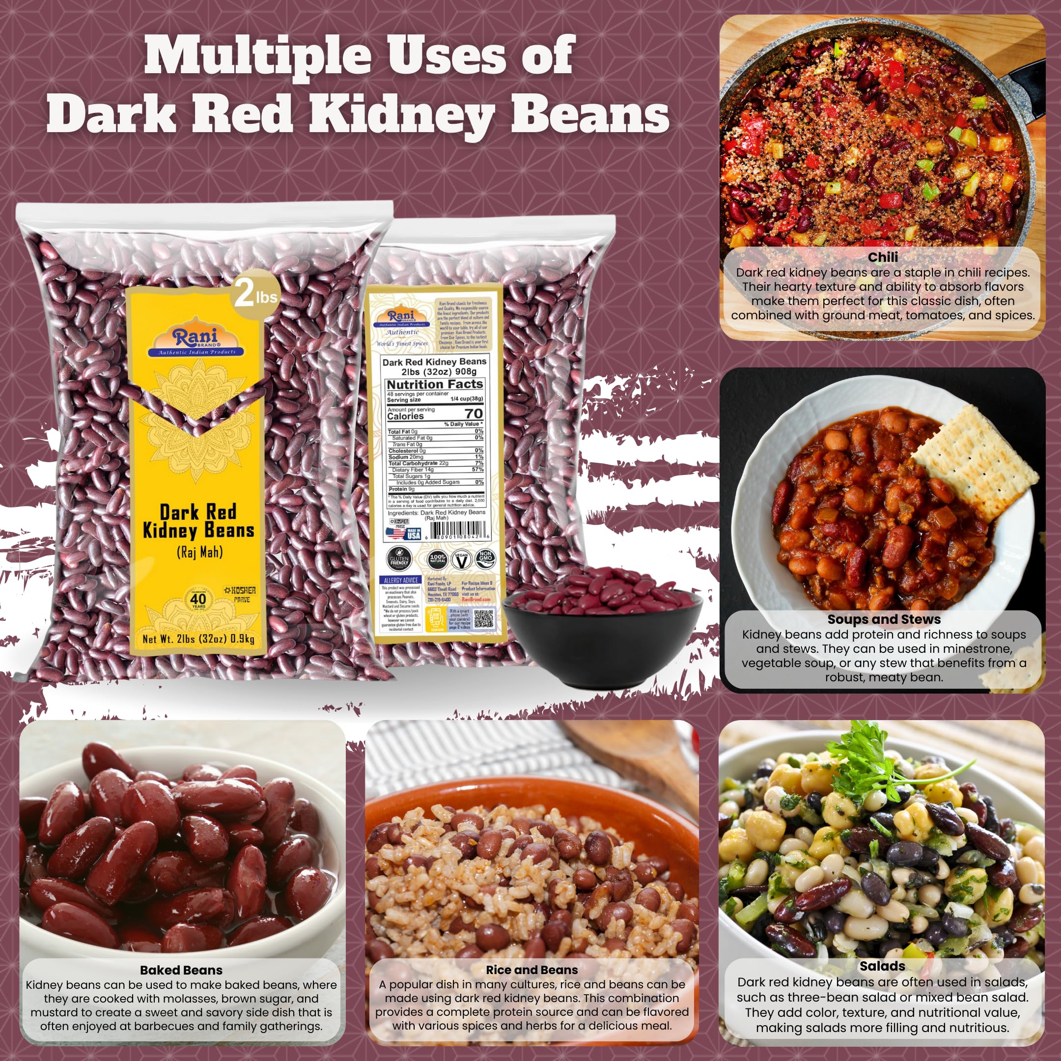 Rani Red Kidney Beans, Dark 32oz (2lbs) 908g ~ All Natural | Vegan | Gluten Friendly | NON-GMO | Kosher | Raj Mah - Image 2