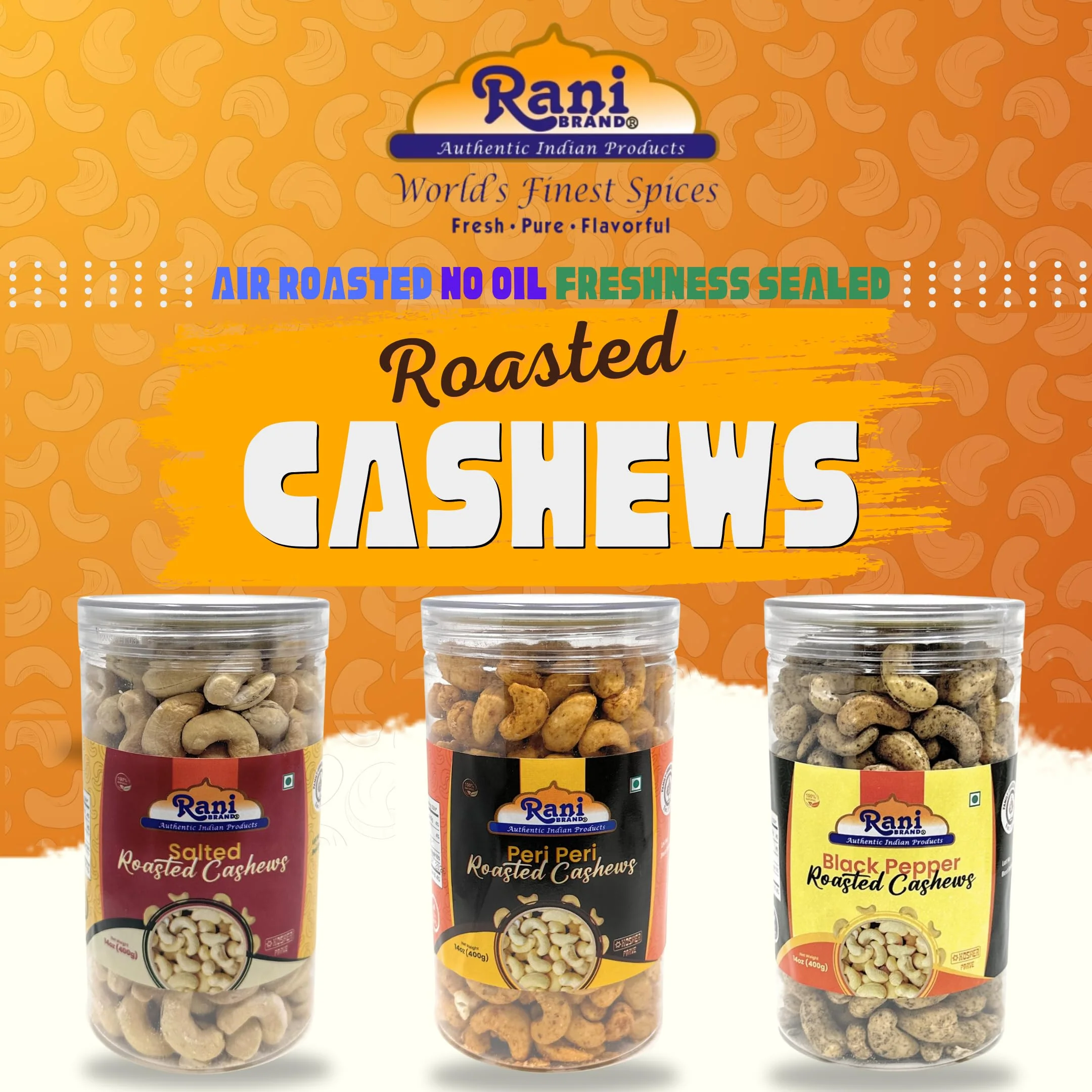 Rani Roasted Cashews Variety Pack (Salted, Black Pepper, Peri Peri) 14oz (400g) Pack of 3, PET Jar, Non-Fried, Oil Free ~ All Natural | Vegan | Gluten Friendly | NON-GMO | Kosher | Air Roasted - Image 2