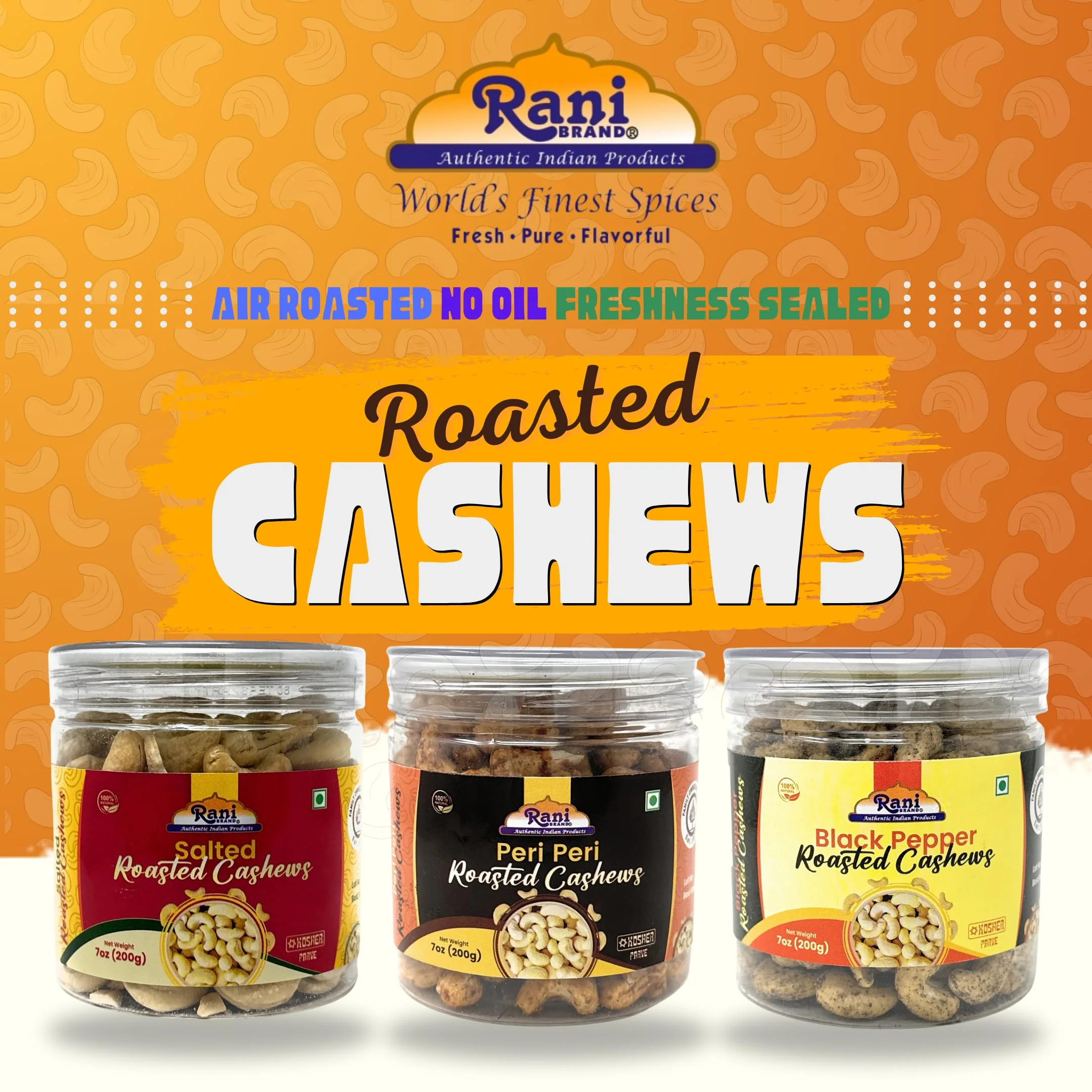 Rani Roasted Cashews Variety Pack (Salted, Black Pepper, Peri Peri) 7oz (200g) Pack of 3, PET Jar, Non-Fried, Oil Free ~ All Natural | Vegan | Gluten Friendly | NON-GMO | Kosher | Air Roasted - Image 2