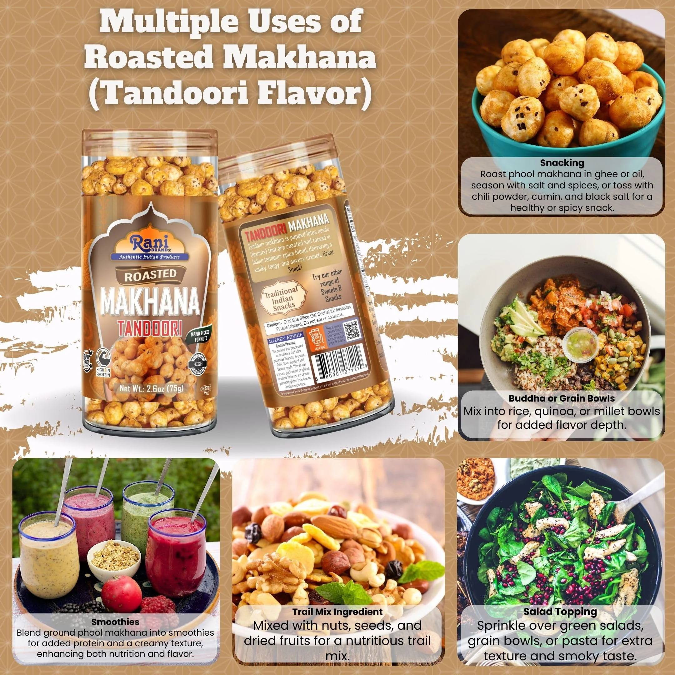 Rani Roasted Makhana (Fox Nut/Popped Lotus Seed) Tandoori Flavor 2.6oz (75g) Ready to eat, Hand Picked Foxnuts ~ High in Protein | Vegan | Gluten Friendly | NON-GMO | Kosher | Indian Origin - Image 2