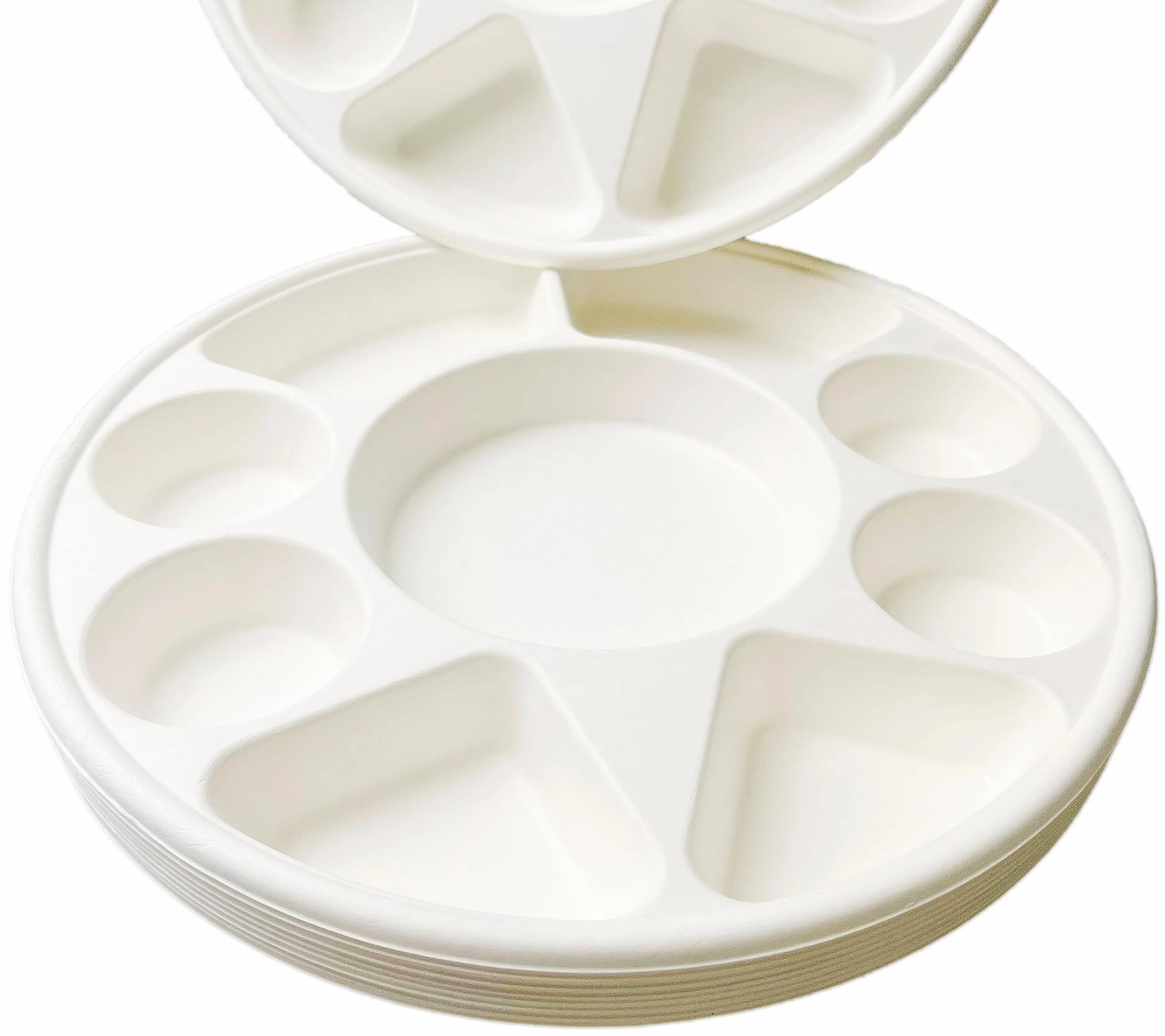 Rani Round Biodegradable Divided Plates, Pack of 100, 9 Compartments ~ Disposable & Eco-Friendly | 12.44" Diameter, 1.38" Thickness | Heavy-Duty and Sturdy Disposable Bagasse Plates | Premium Quality - Image 6