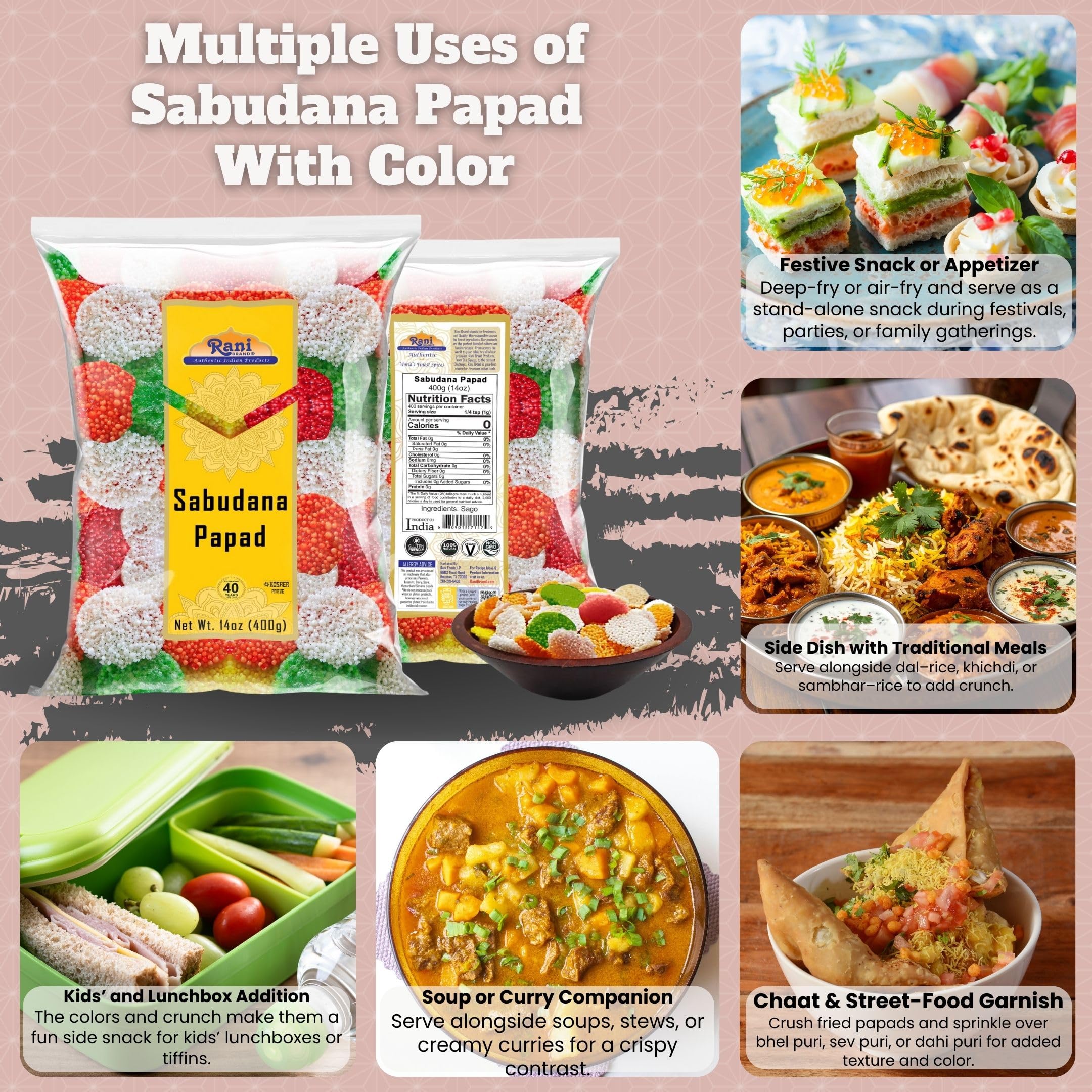 Rani Sabudana (Sago) Papad with Colors 14oz (400g) ~ Vegan | Gluten Friendly | NON-GMO | Indian Origin - Image 2