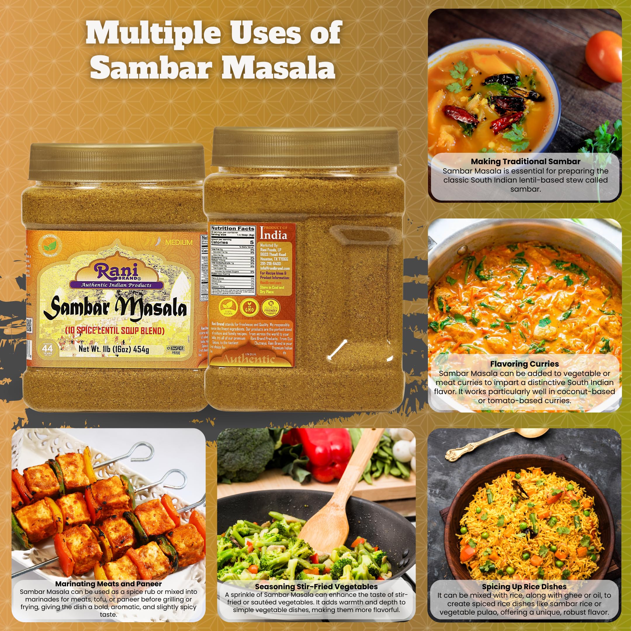Rani Sambar Masala (Lentil Soup Spice Blend) 16oz (1lb) 454g PET Jar ~ All Natural | Vegan | No Colors | Gluten Friendly | NON-GMO | Kosher | Indian Origin - Image 2