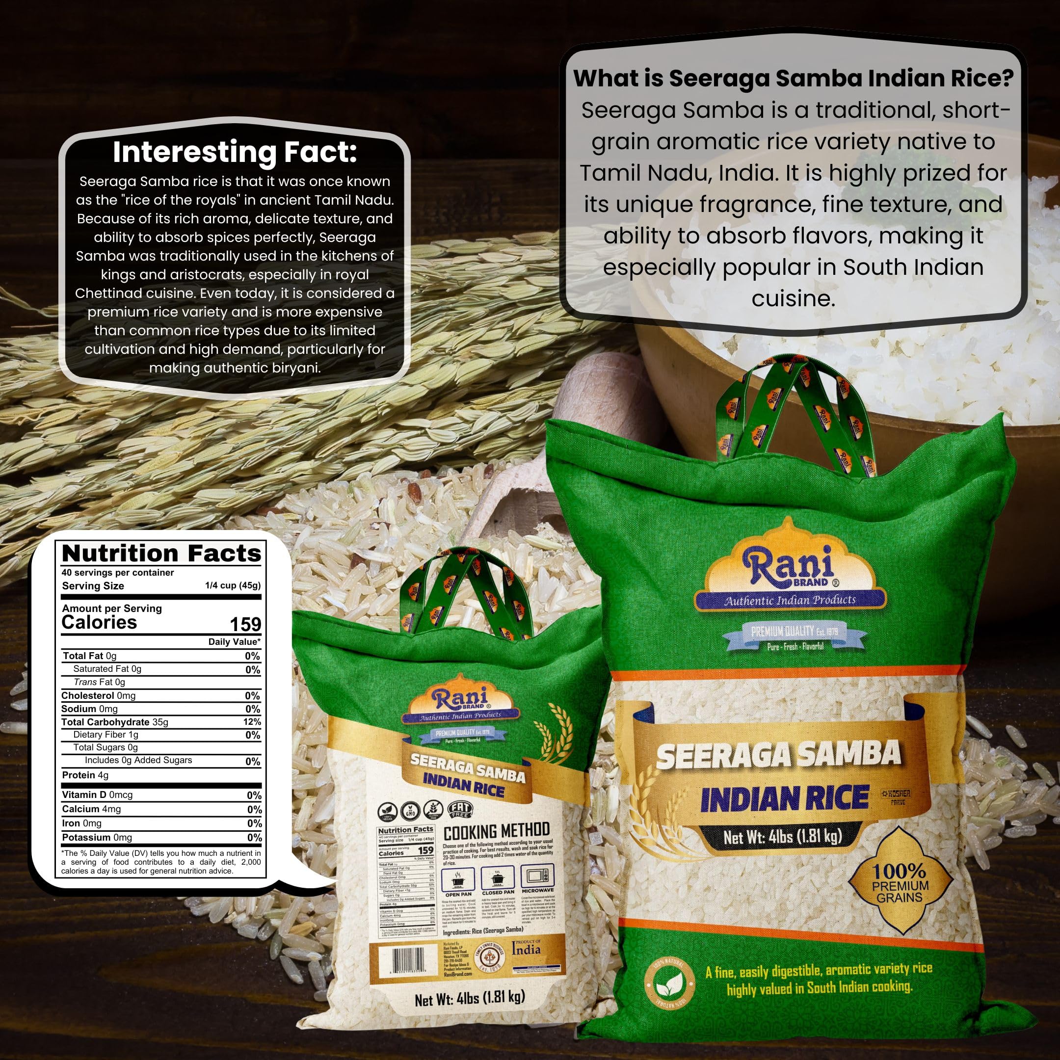 Rani Seeraga Samba Indian Rice 64oz (4lbs) 1.81kg Cloth Bag ~ All Natural | Gluten Friendly | Vegan | Kosher | Export Quality | Indian Origin - Image 3