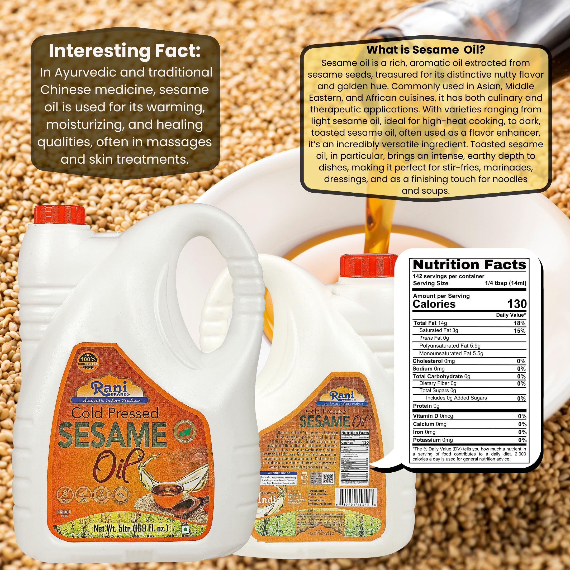 Rani Sesame Oil 169 Ounce (5 Liter) Cold Pressed | 100% Natural | NON-GMO | Kosher | Vegan | Gluten Free - Image 3
