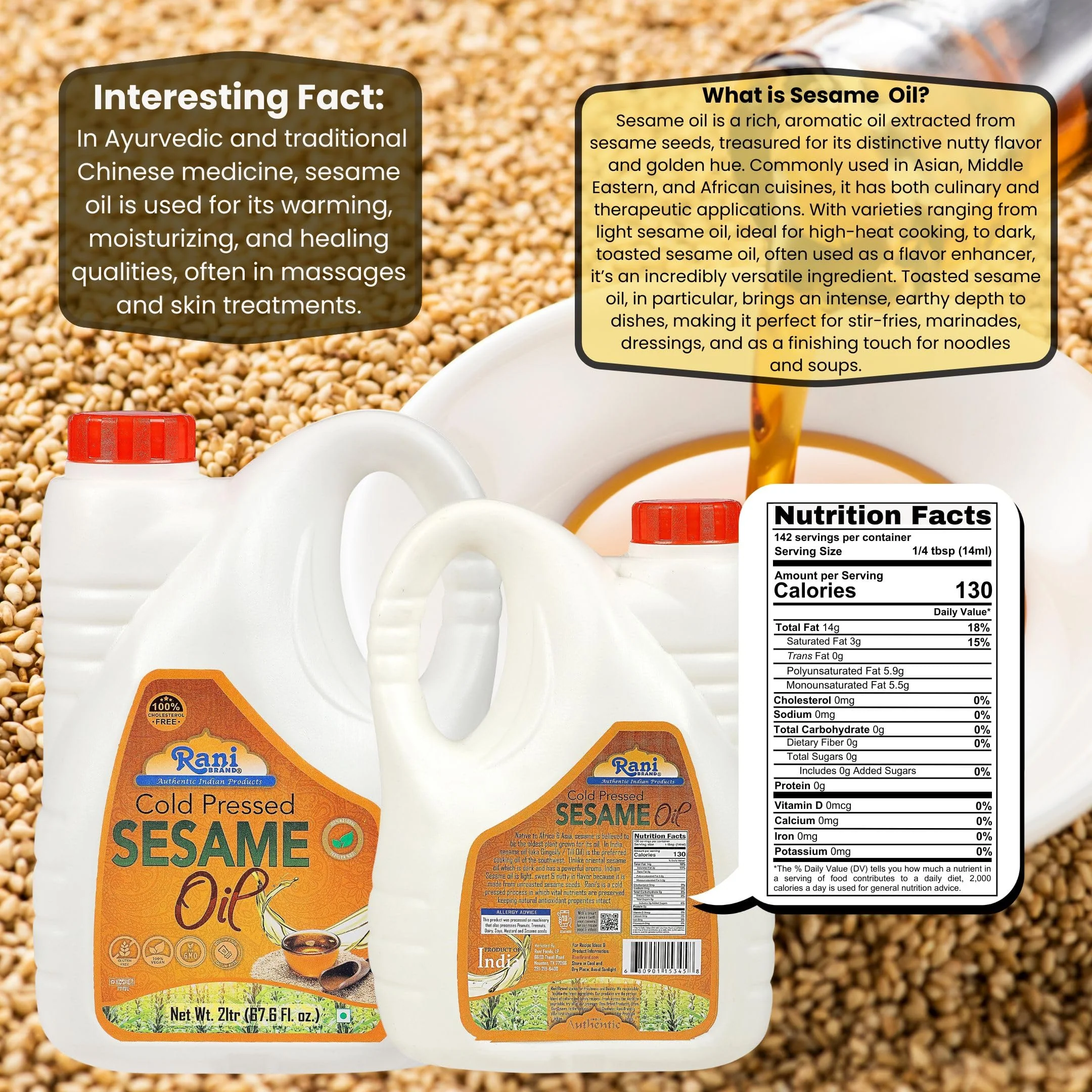 Rani Sesame Oil 67.6 Ounce (2 Liter) Cold Pressed | 100% Natural | NON-GMO | Kosher | Vegan | Gluten Free - Image 3