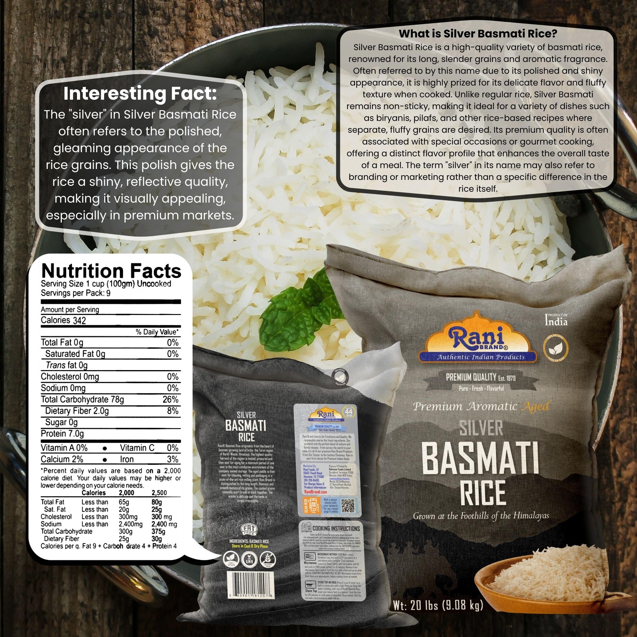 Rani Silver White Basmati Rice Extra Long Aged 20-Pound Bag, 320oz (20lbs) 9.08kg ~ All Natural | Gluten Friendly | Vegan | Indian Origin | Kosher | Export Quality - Image 3