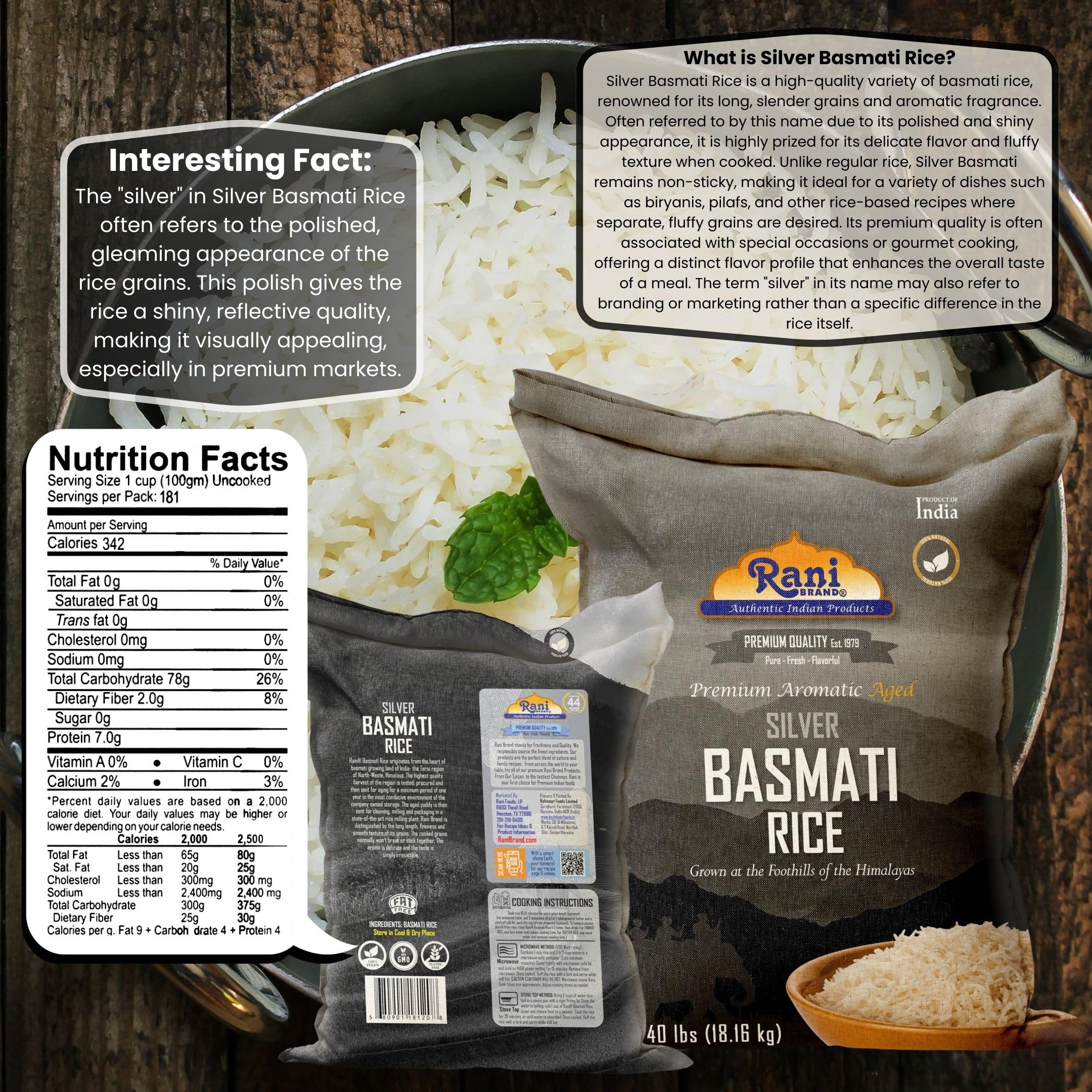 Rani Silver White Basmati Rice Extra Long Aged 40-Pound Bag, 640oz (40lbs) 18.16kg ~ All Natural | Gluten Friendly | Vegan | Indian Origin | Kosher | Export Quality - Image 3