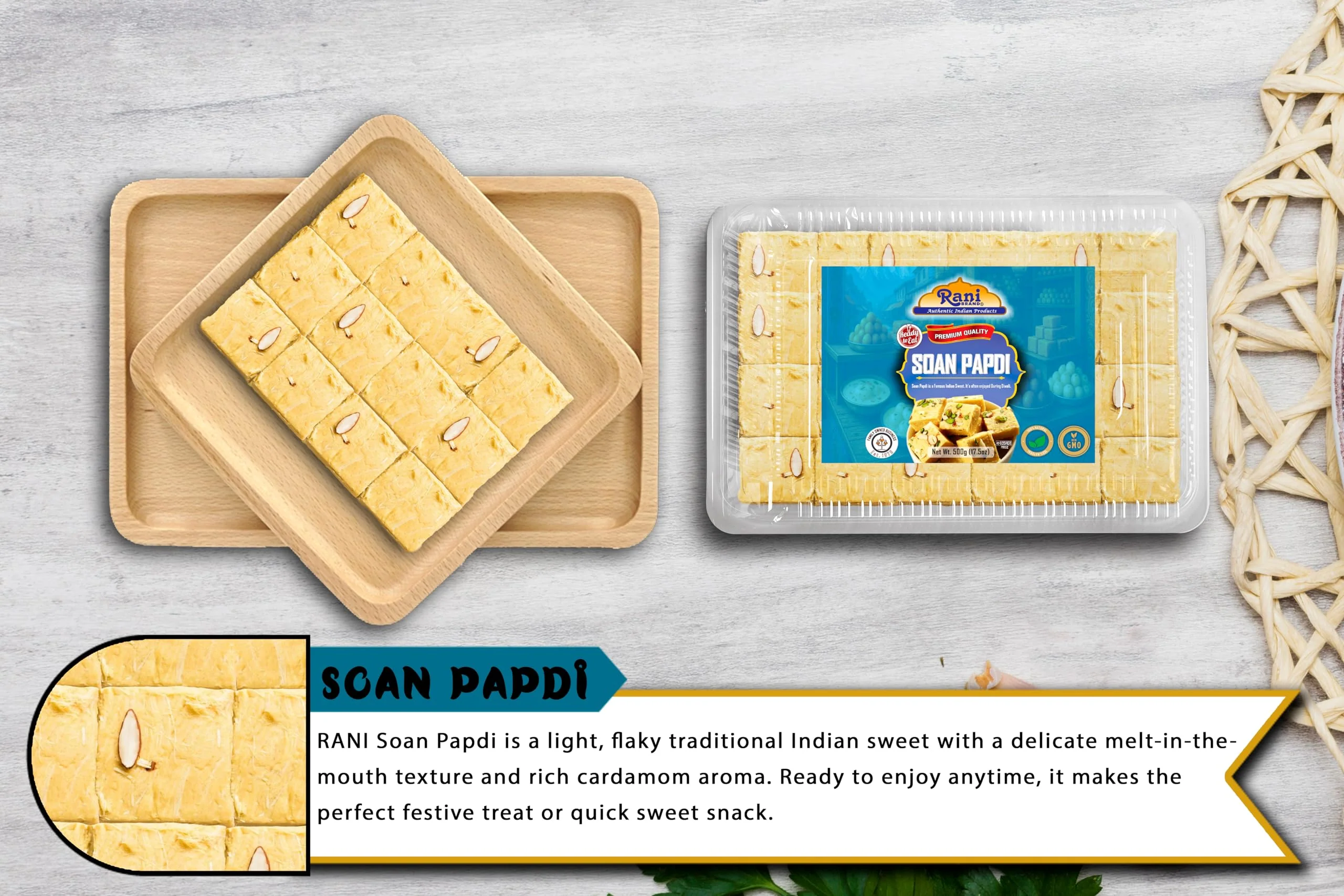 Rani Soan Papdi 17.5oz (500g) PET Jar, Pack of 6, Traditional Indian Sweets, Ready to eat ~ All Natural | Non-GMO | Kosher | Indian Origin - Image 6