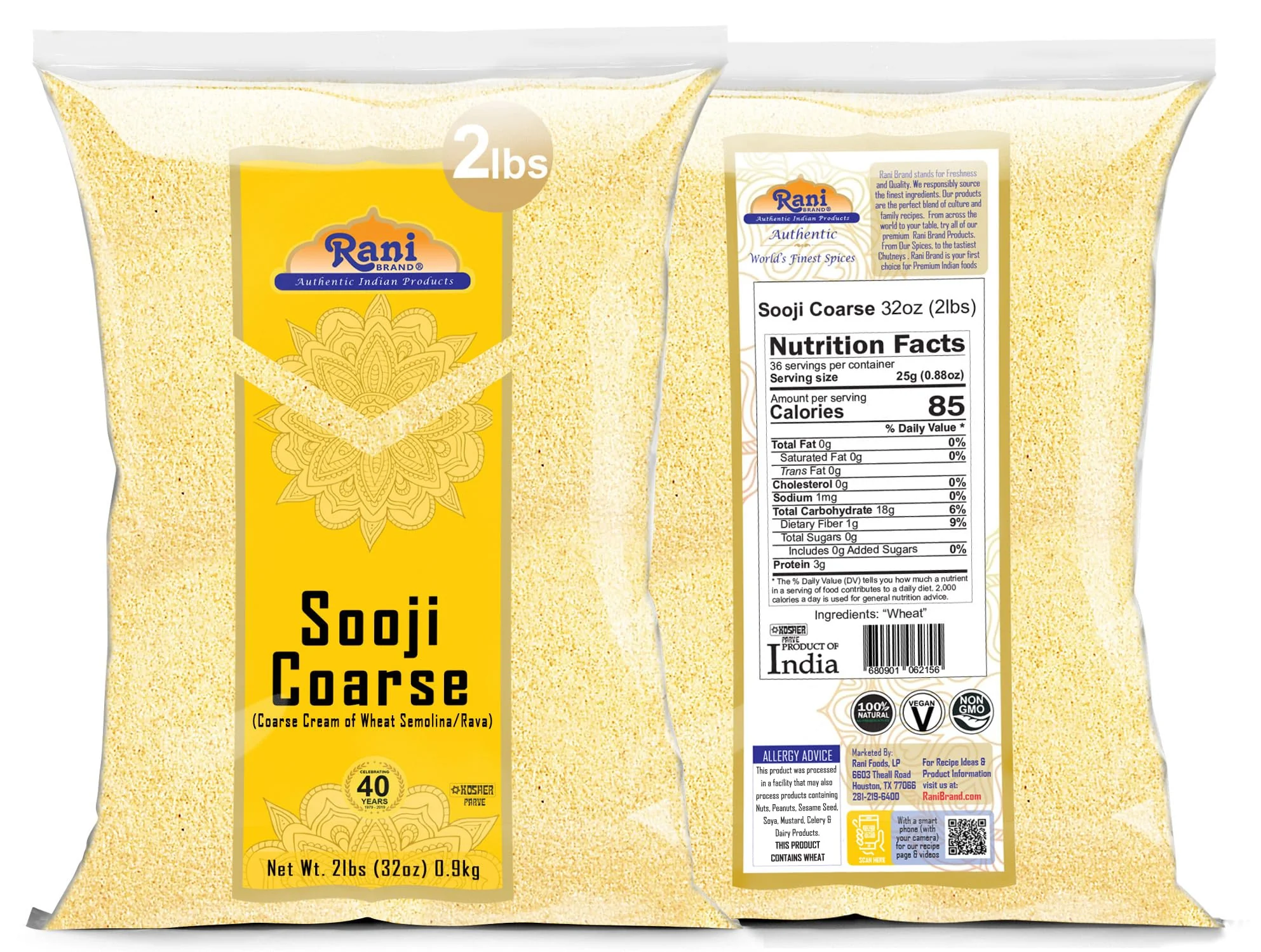 Rani Sooji Coarse (Farina, Suji, Rava, Rawa, Wheat Semolina) Flour, 32oz (2lbs) 908g ~ All Natural | Vegan | NON-GMO | Kosher | Indian Origin - Image 6