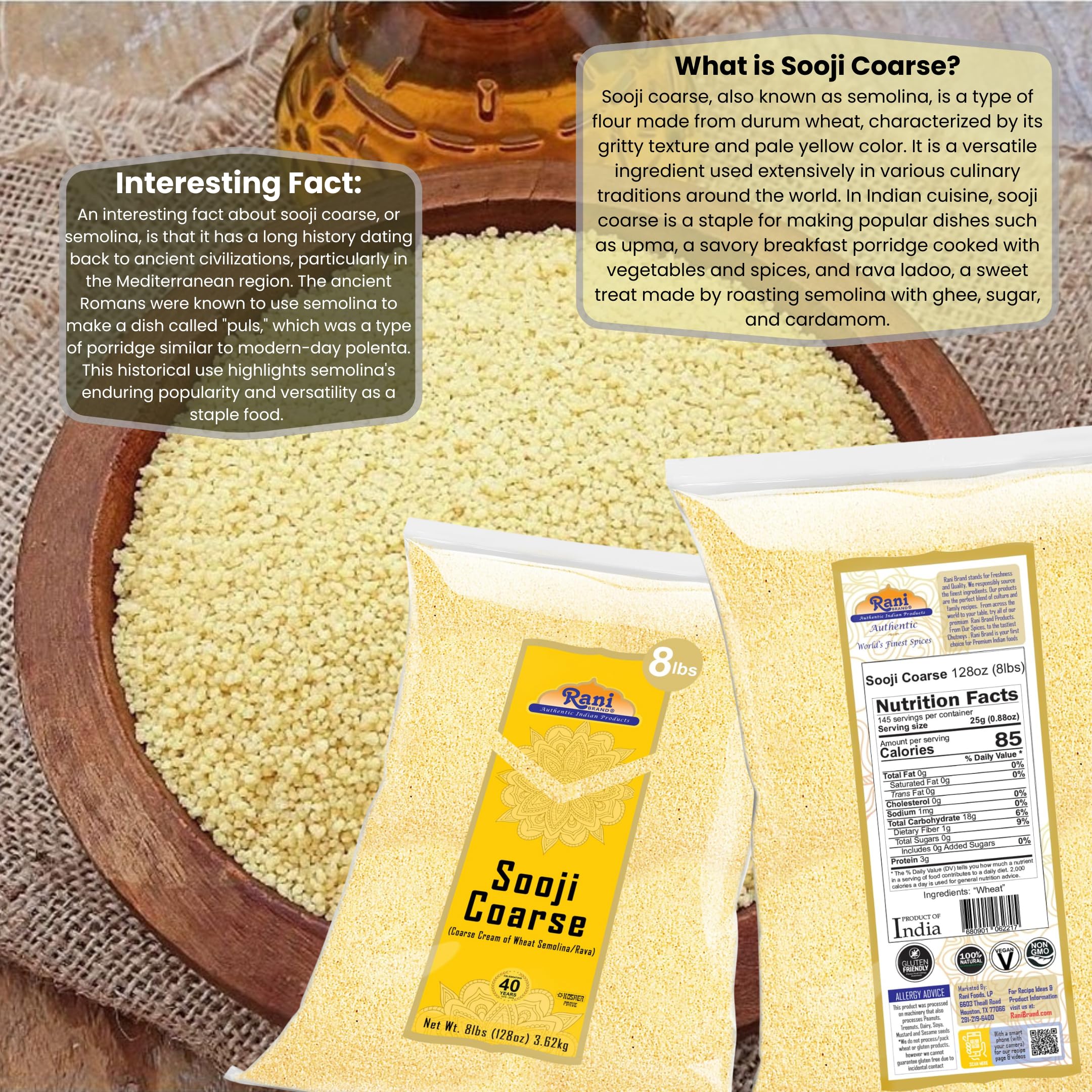 Rani Sooji Coarse (Farina, Suji, Rava, Rawa, Wheat Semolina) Flour, 128oz (8lbs) 3.63kg ~ Natural | Vegan | NON-GMO | Kosher | Indian Origin - Image 3