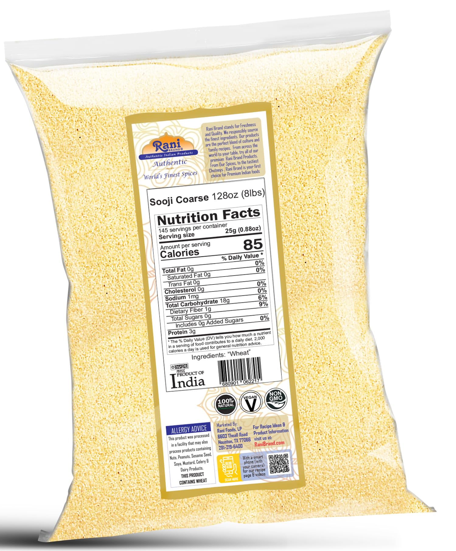 Rani Sooji Coarse (Farina, Suji, Rava, Rawa, Wheat Semolina) Flour, 128oz (8lbs) 3.63kg ~ Natural | Vegan | NON-GMO | Kosher | Indian Origin - Image 7