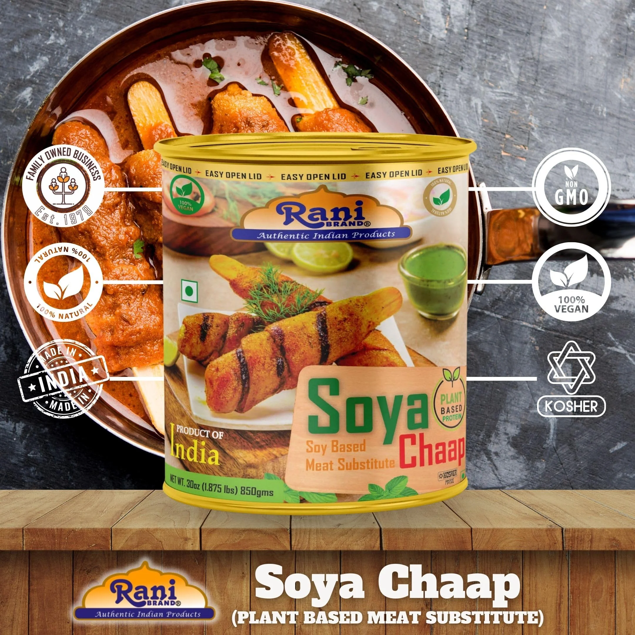 Rani Soya Chaap (Plant Based Protein) 30oz (1.875lbs) 850g, Pack of 18 ~ Easy Open Lid | All Natural | Vegan | No Colors | NON-GMO | Kosher | Indian Origin | Soy Based Meat Substitute - Image 4
