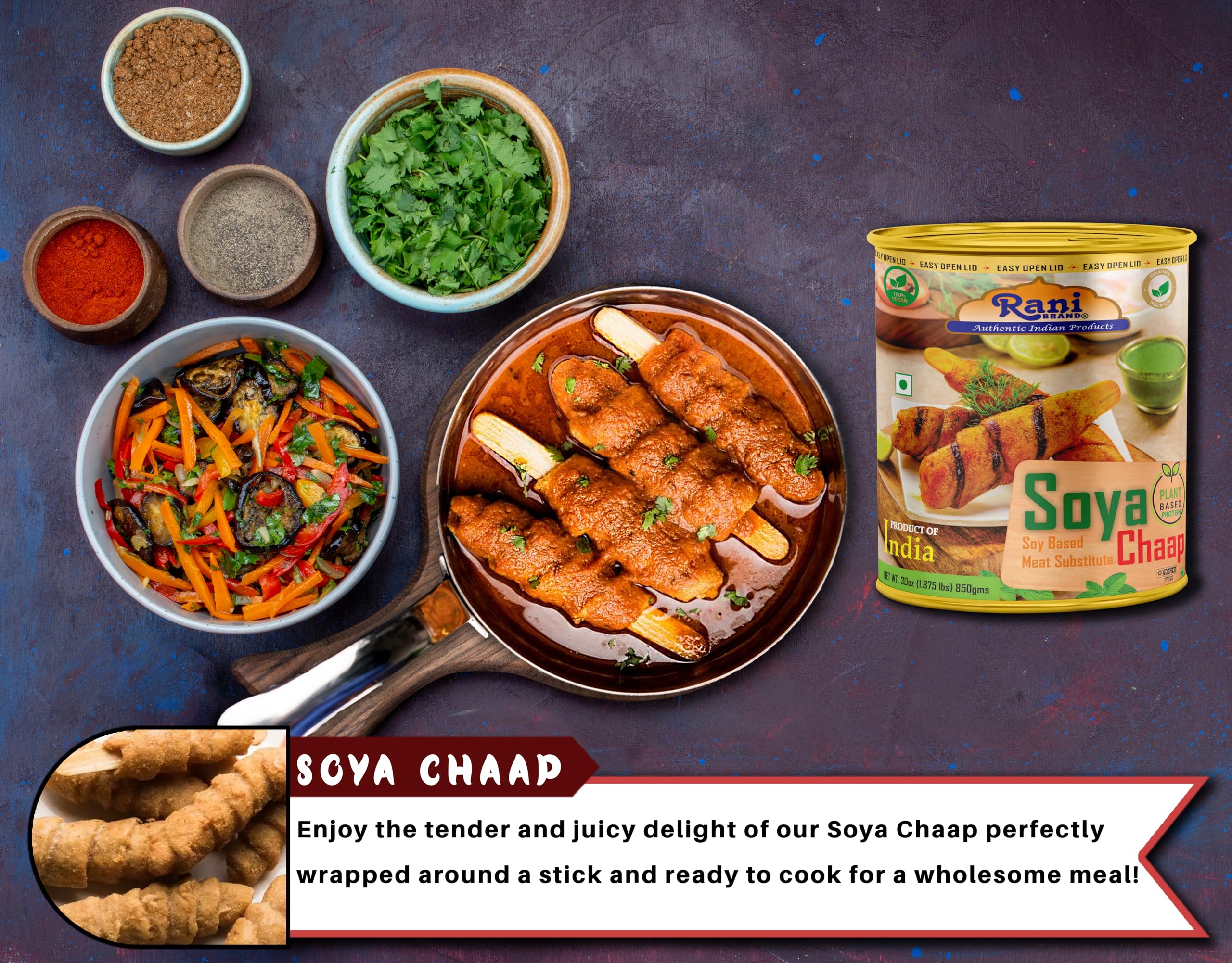 Rani Soya Chaap (Plant Based Protein) 30oz (1.875lbs) 850g, Pack of 18 ~ Easy Open Lid | All Natural | Vegan | No Colors | NON-GMO | Kosher | Indian Origin | Soy Based Meat Substitute - Image 6