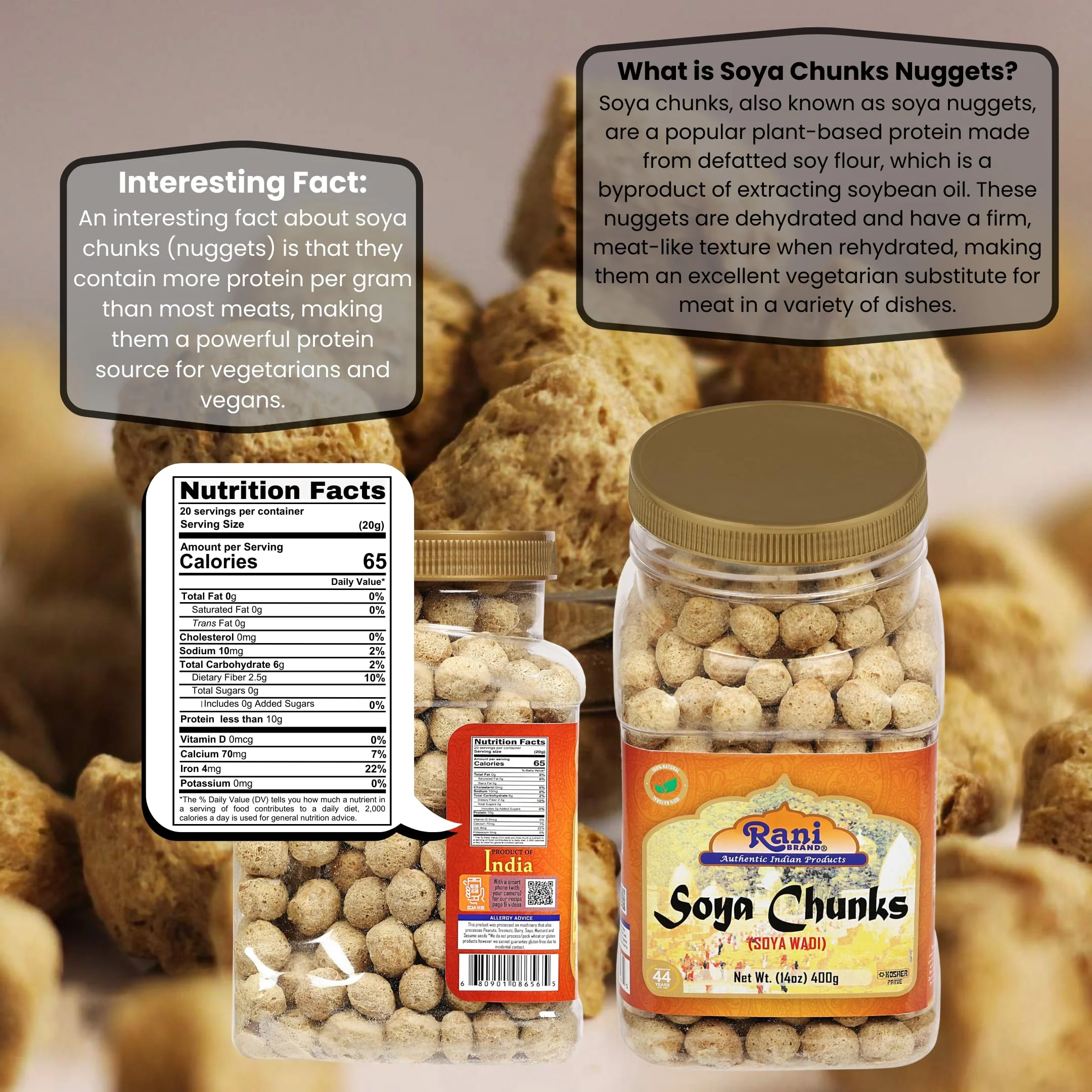 Rani Soya Chunks Nuggets (High Protien) Vadi 14oz (400g) ~ All Natural, Salt-Free | Vegan | Kosher | No Colors | Gluten Friendly | Meat Alternate Substitute - Image 3
