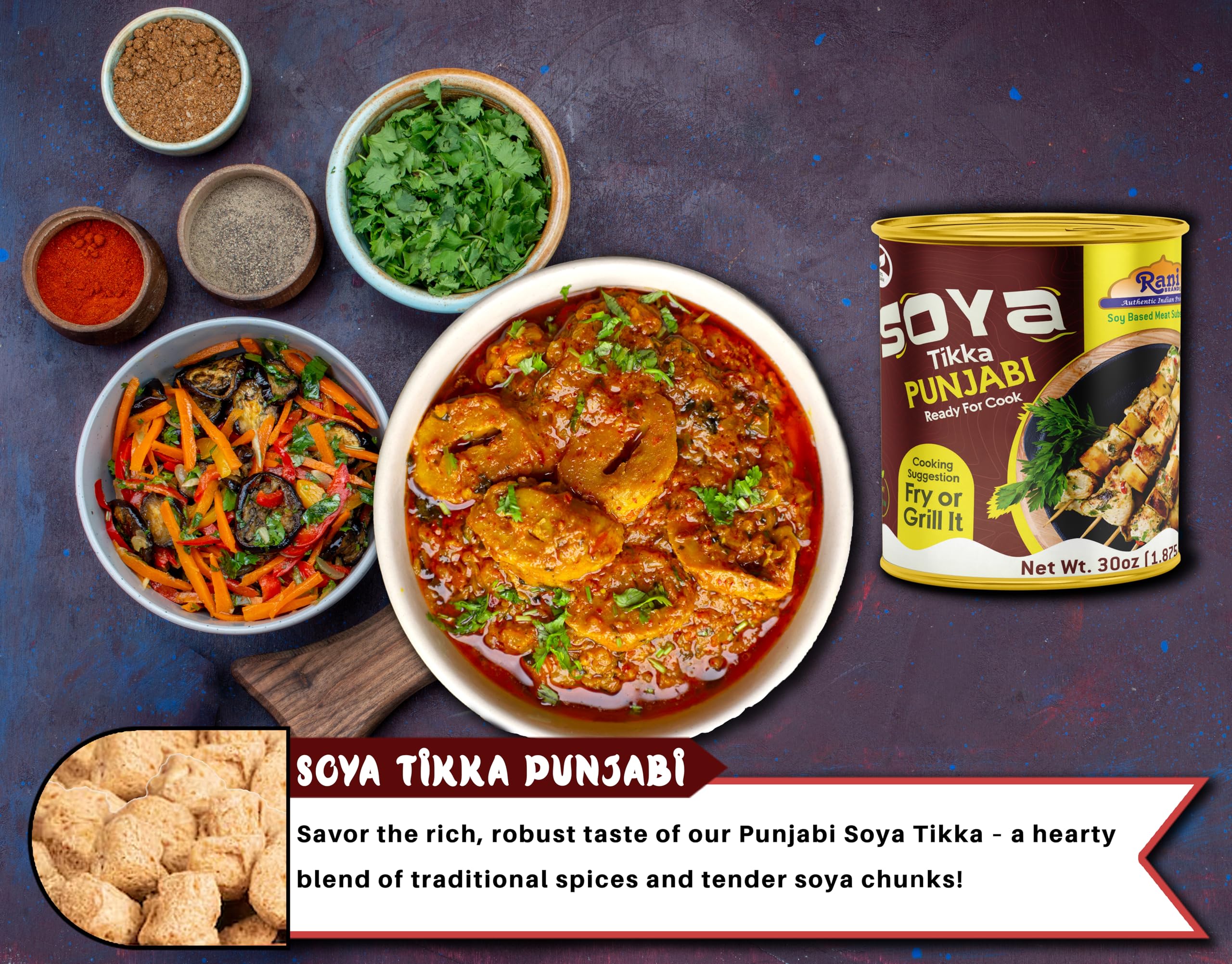 Rani Soya Tikka Punjabi 30oz (1.875lbs) 850g, Pack of 6, Ready for Cook ~ Easy Open Lid | All Natural | Vegan | No Colors | NON-GMO | Kosher | Indian Origin | Soy Based Meat Substitute - Image 3