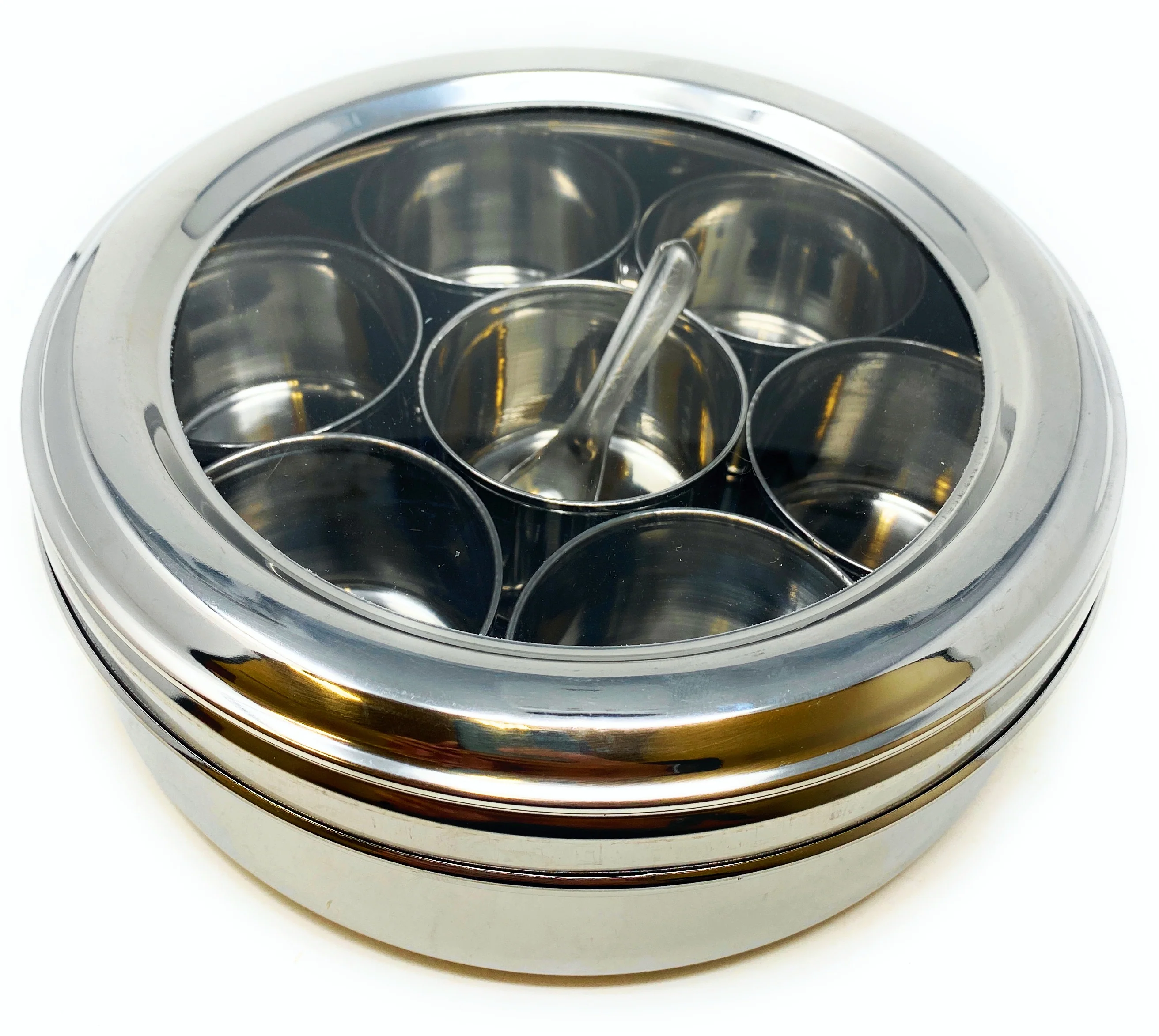Rani Spice Box Stainless Steel Transparent Round Storage For Spices (Masala Dabba) 7 Compartments, with spoon (7.5in x 2.8in) ~ Packed in an attractive box, perfect for gifts! - Image 4