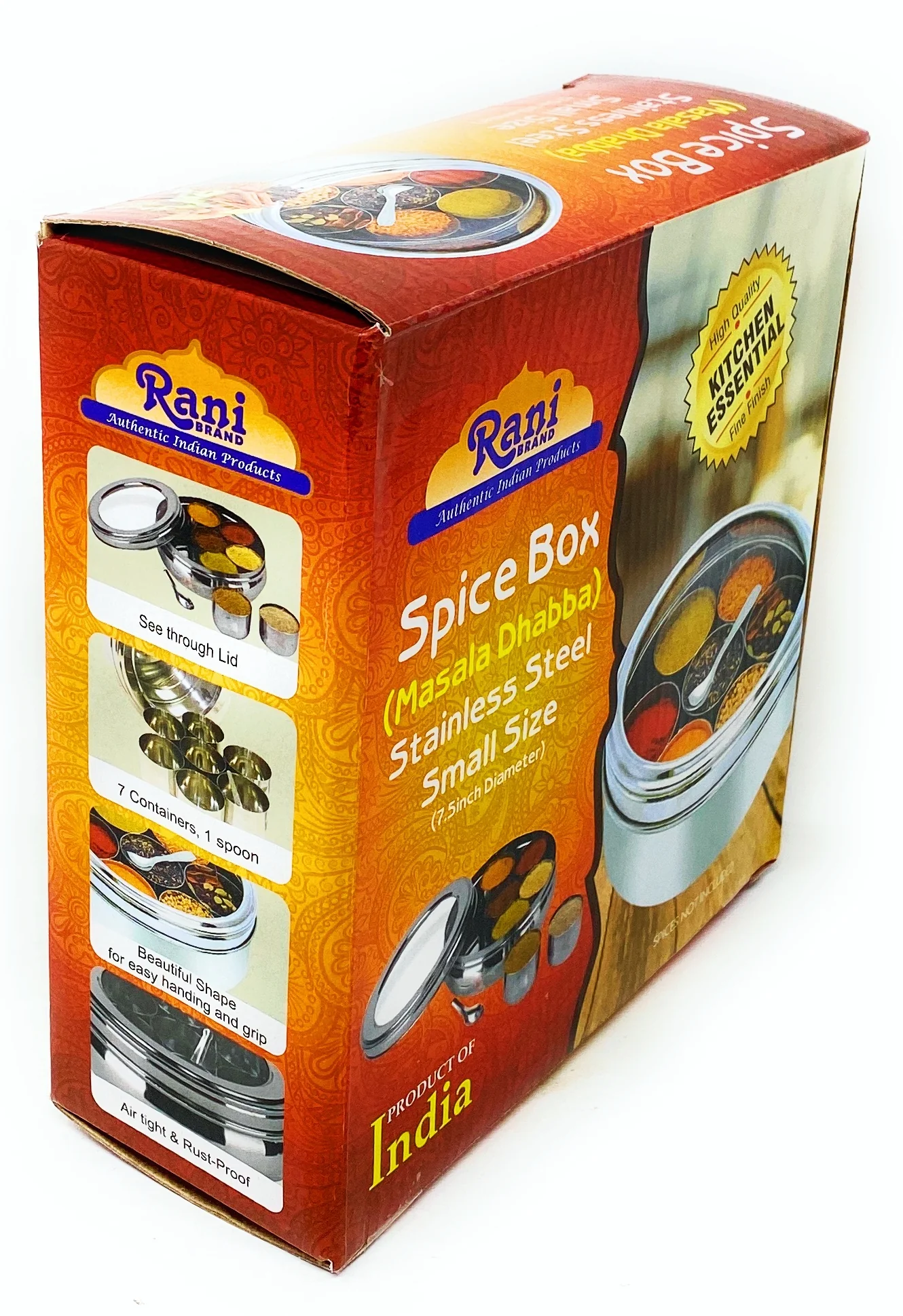 Rani Spice Box Stainless Steel Transparent Round Storage For Spices (Masala Dabba) 7 Compartments, with spoon (7.5in x 2.8in) ~ Packed in an attractive box, perfect for gifts! - Image 7