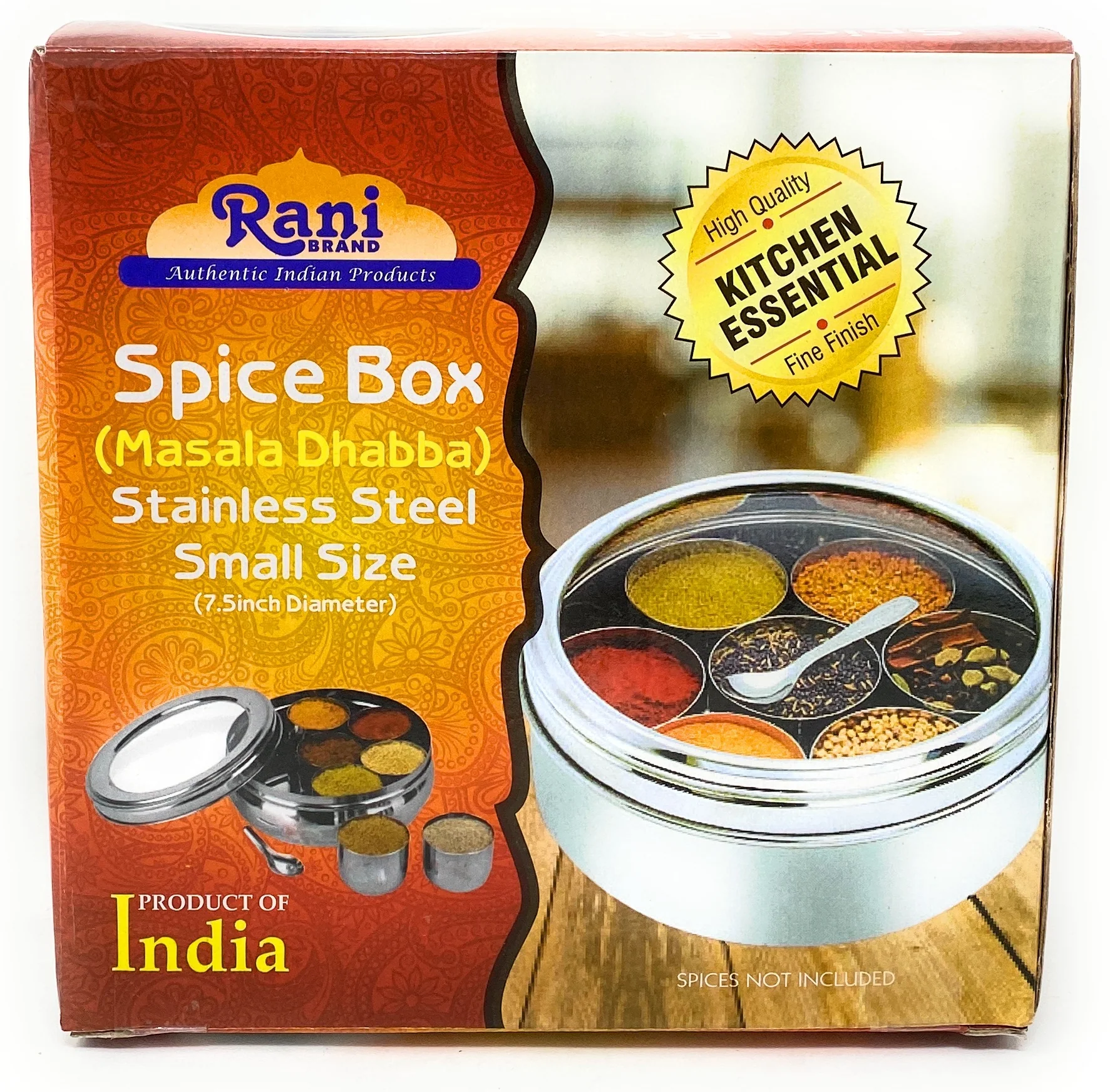 Rani Spice Box Stainless Steel Transparent Round Storage For Spices (Masala Dabba) 7 Compartments, with spoon (7.5in x 2.8in) ~ Packed in an attractive box, perfect for gifts! - Image 9